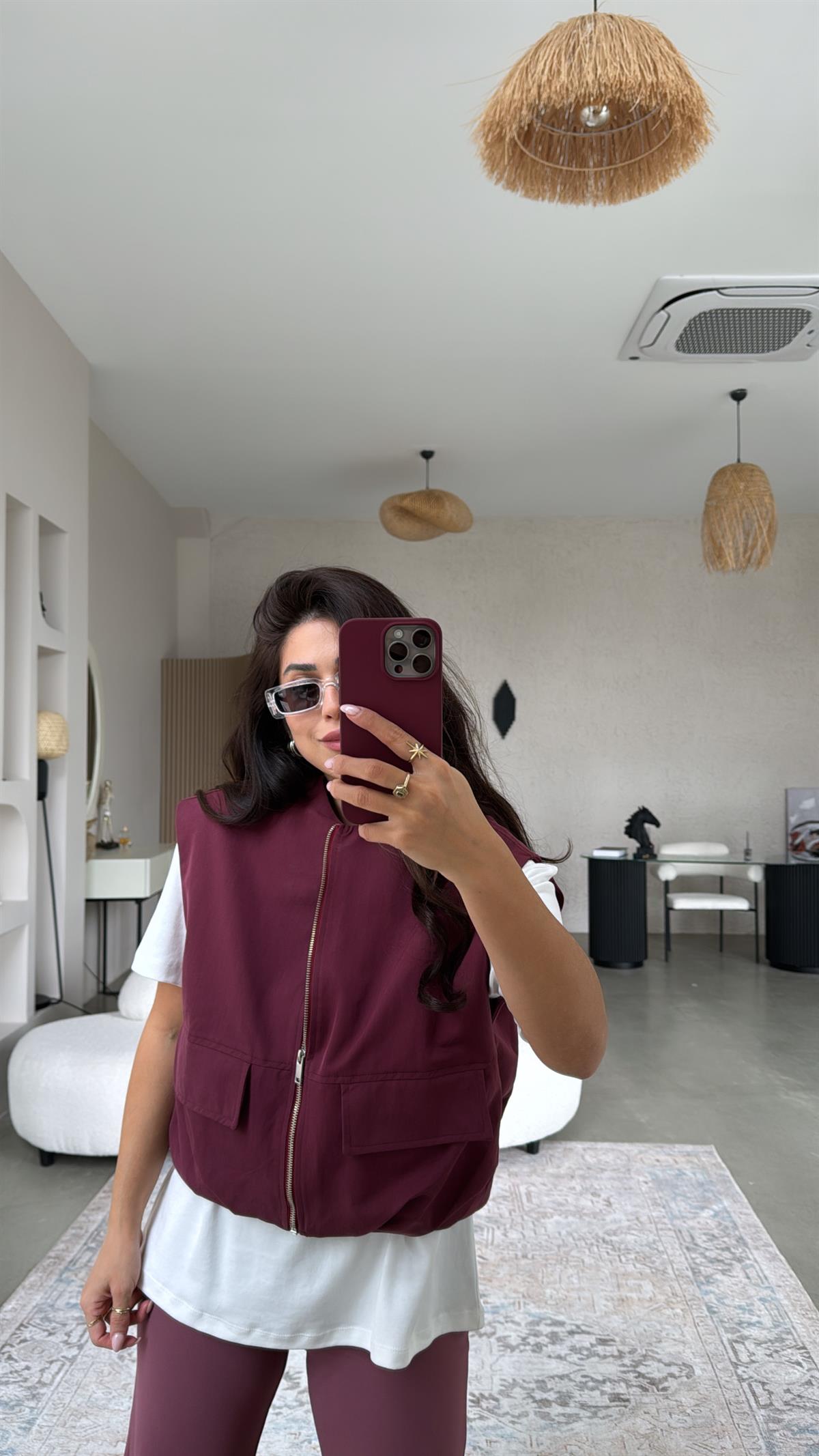 Bordo Fermuarlı Yelek