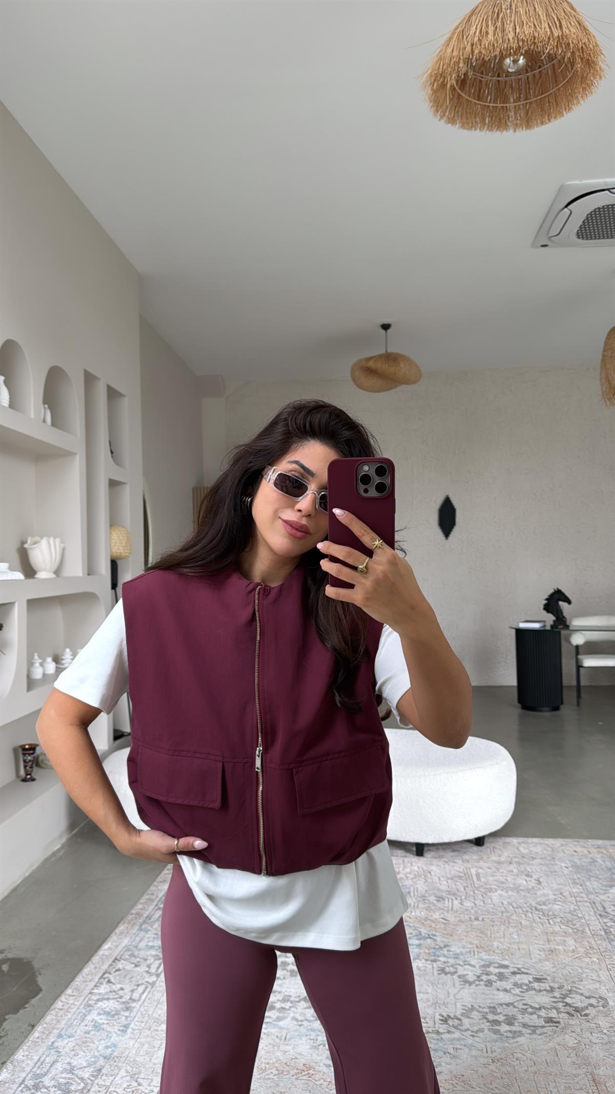 Bordo Fermuarlı Yelek