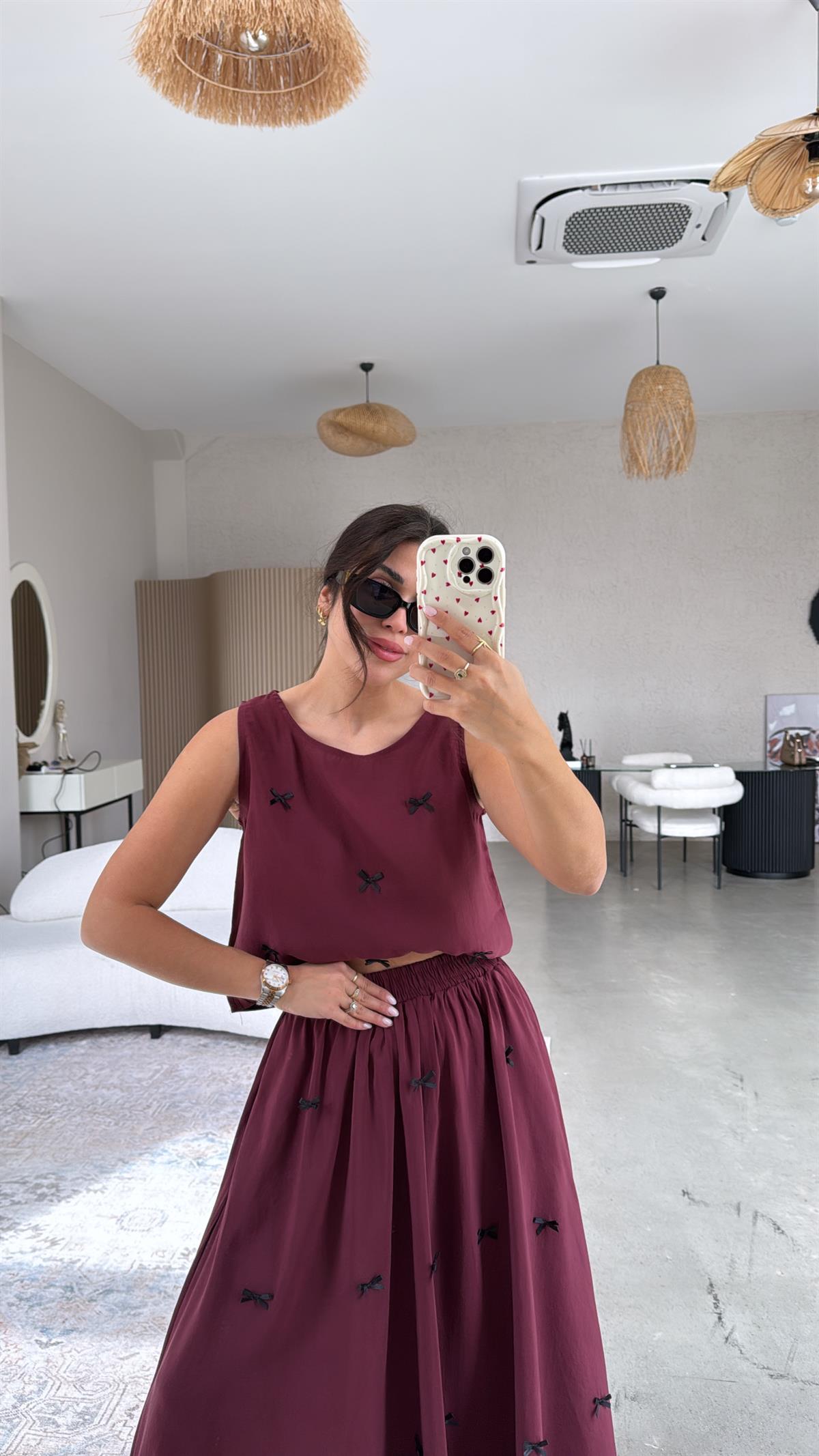 Bordo Fiyonk Detaylı Etek Bluz Tensel Takım