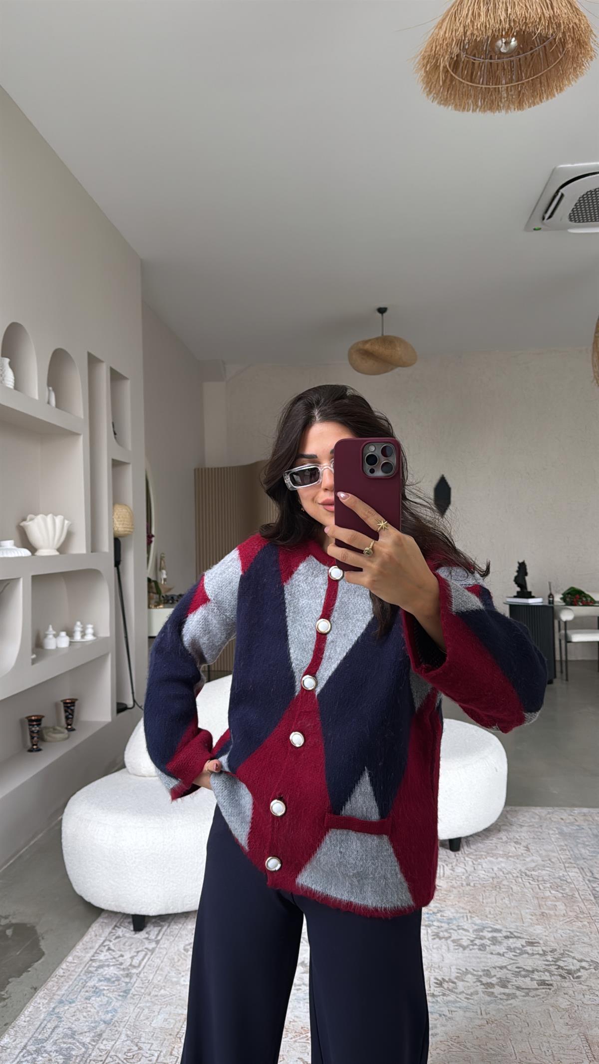 Bordo Geometrik Desenli Hırka