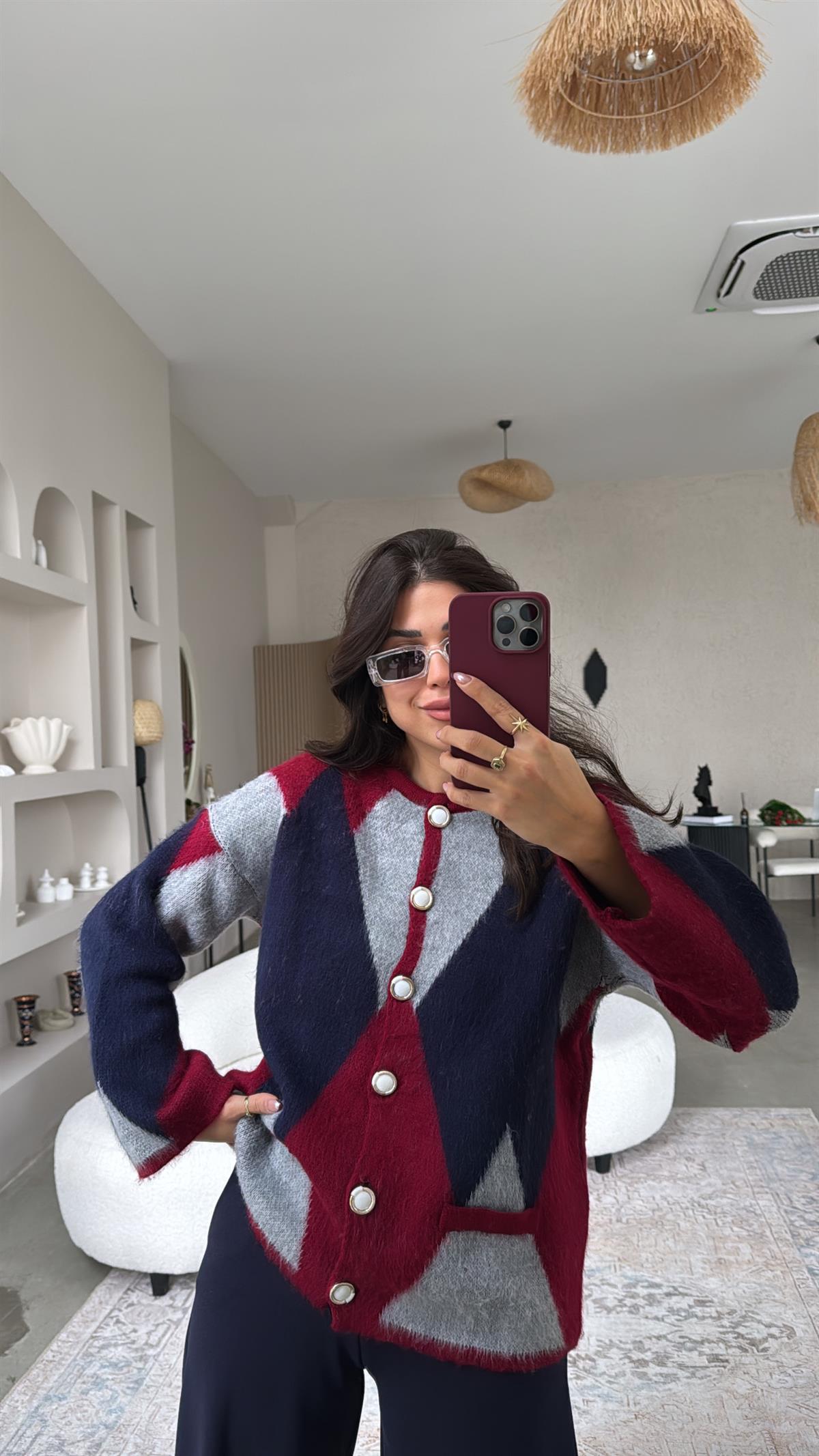 Bordo Geometrik Desenli Hırka