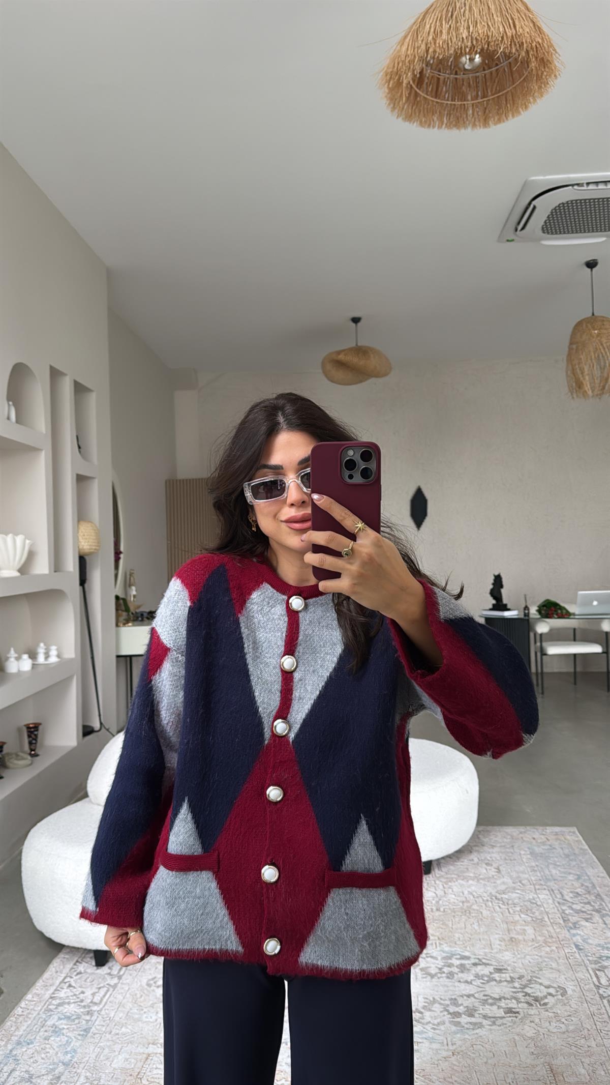 Bordo Geometrik Desenli Hırka