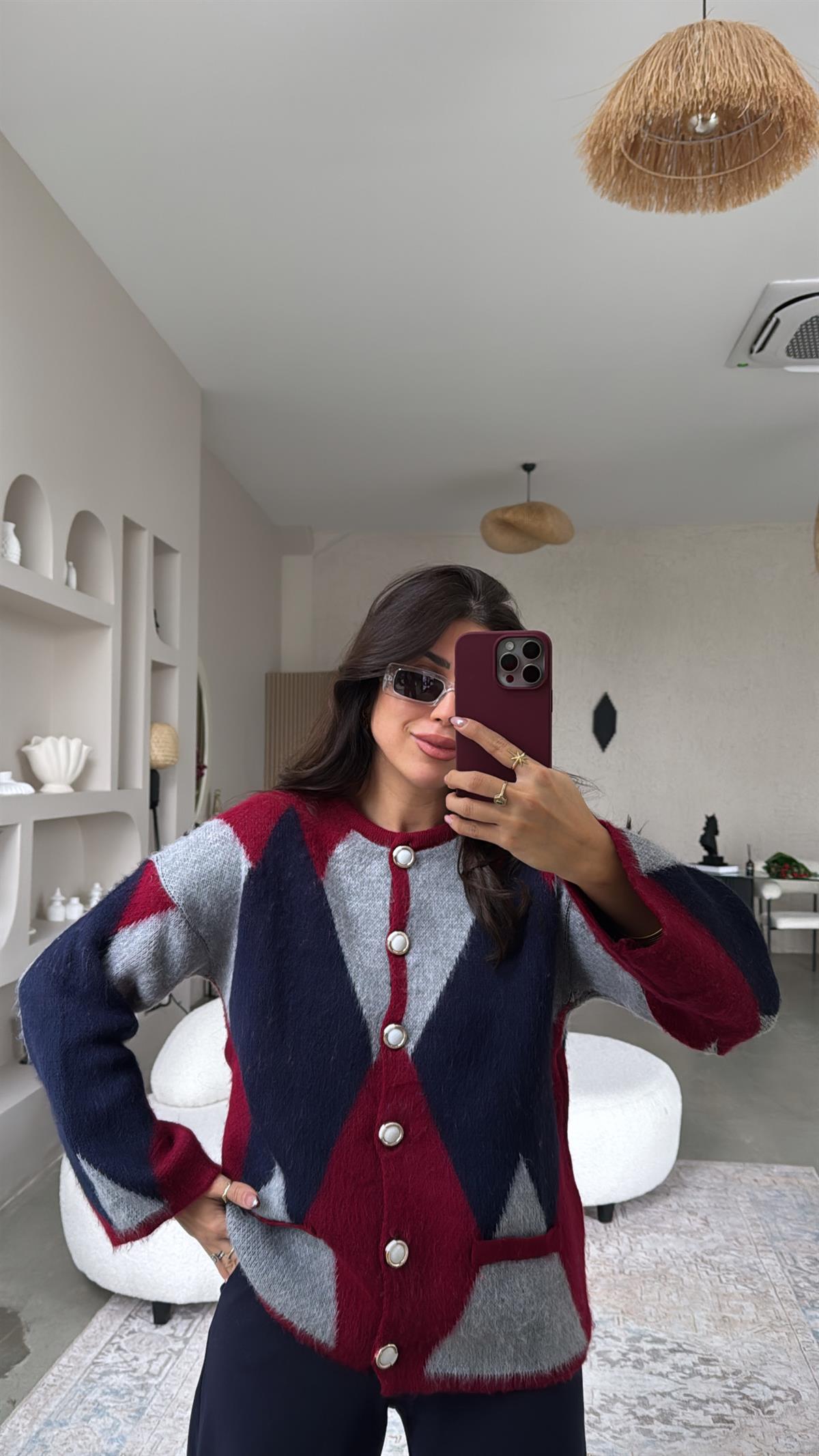 Bordo Geometrik Desenli Hırka