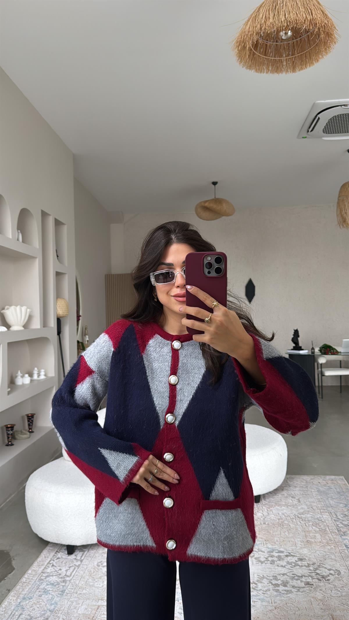 Bordo Geometrik Desenli Hırka