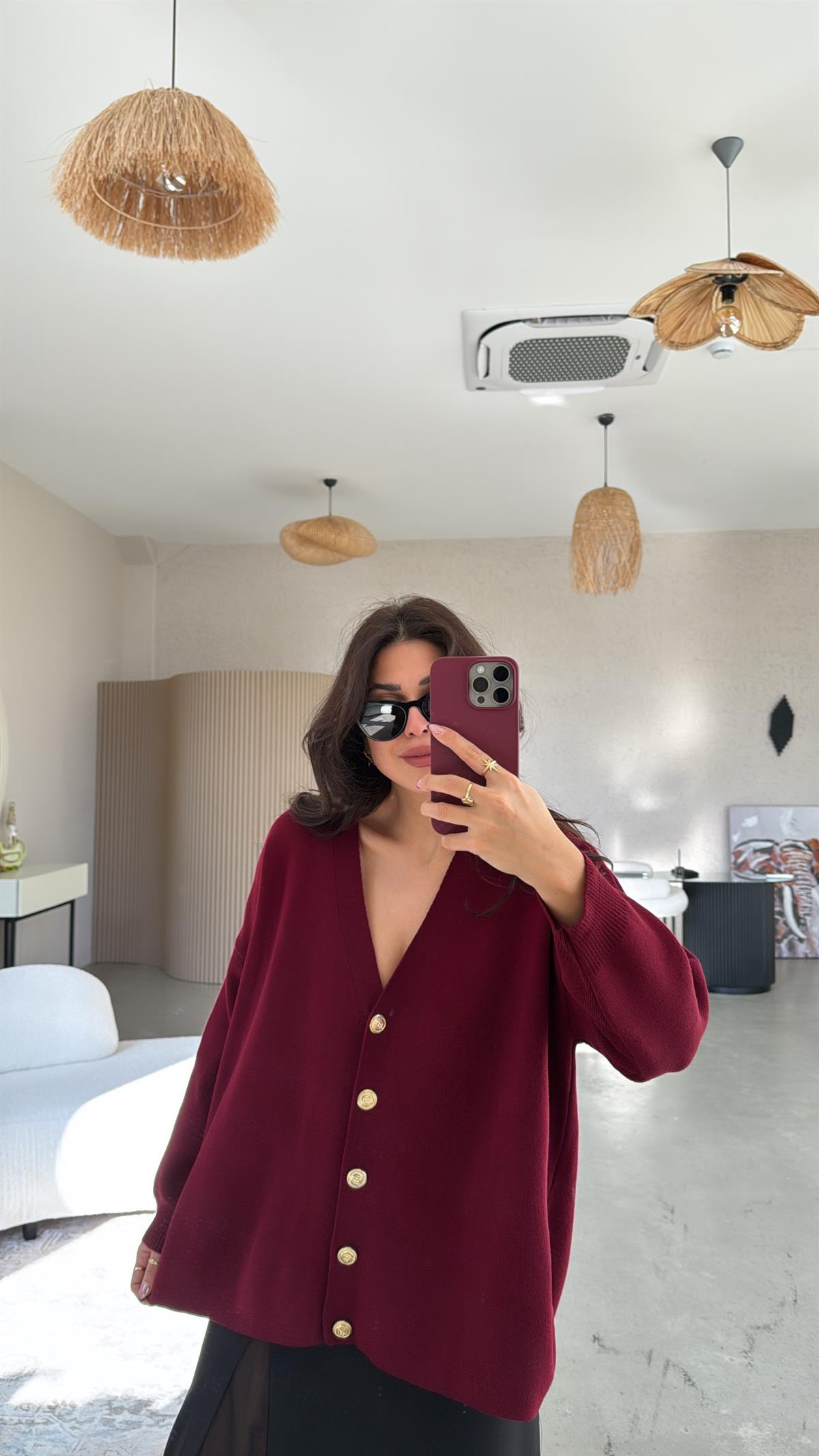 Bordo Gold Düğmeli Hırka