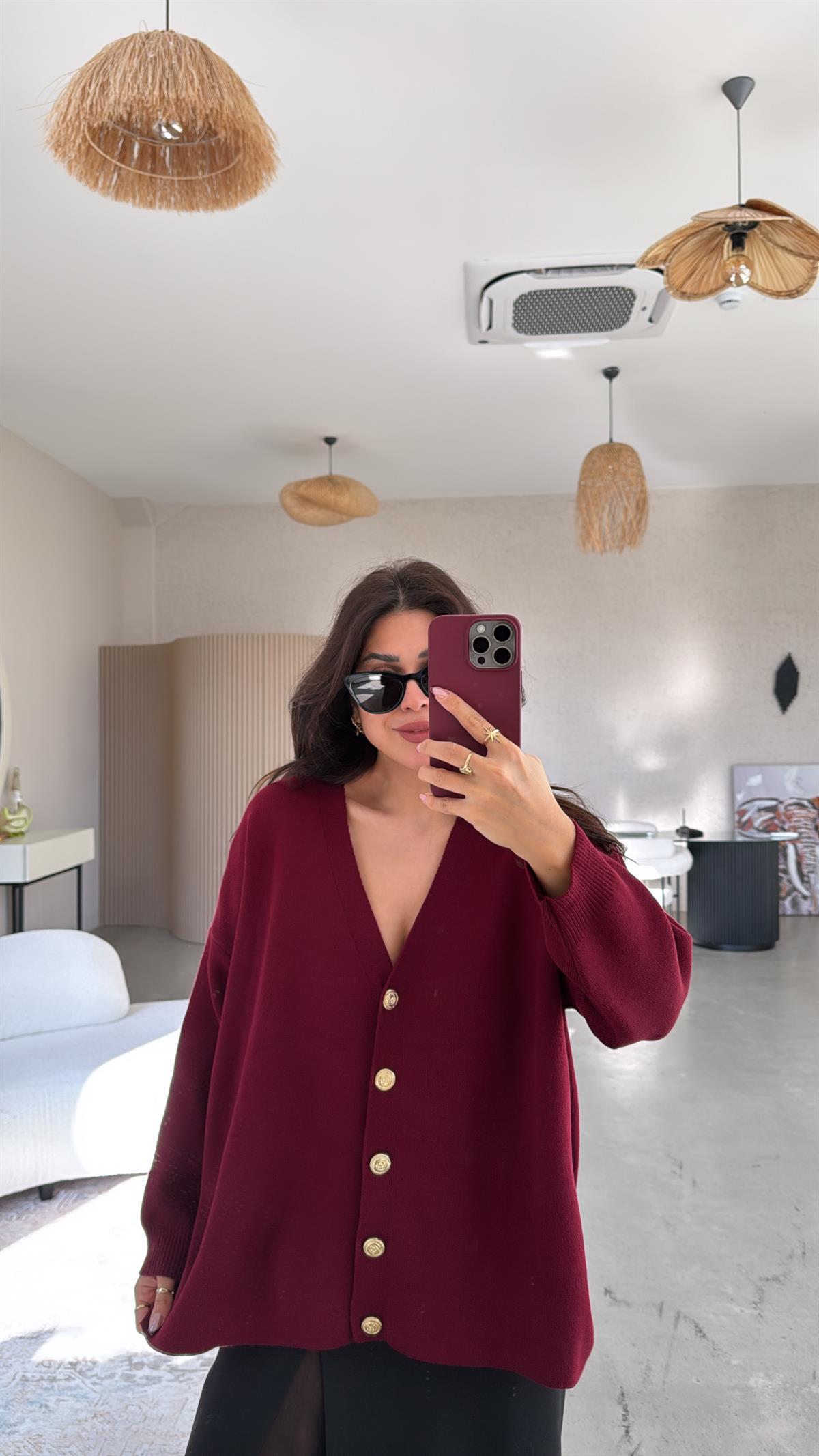 Bordo Gold Düğmeli Hırka