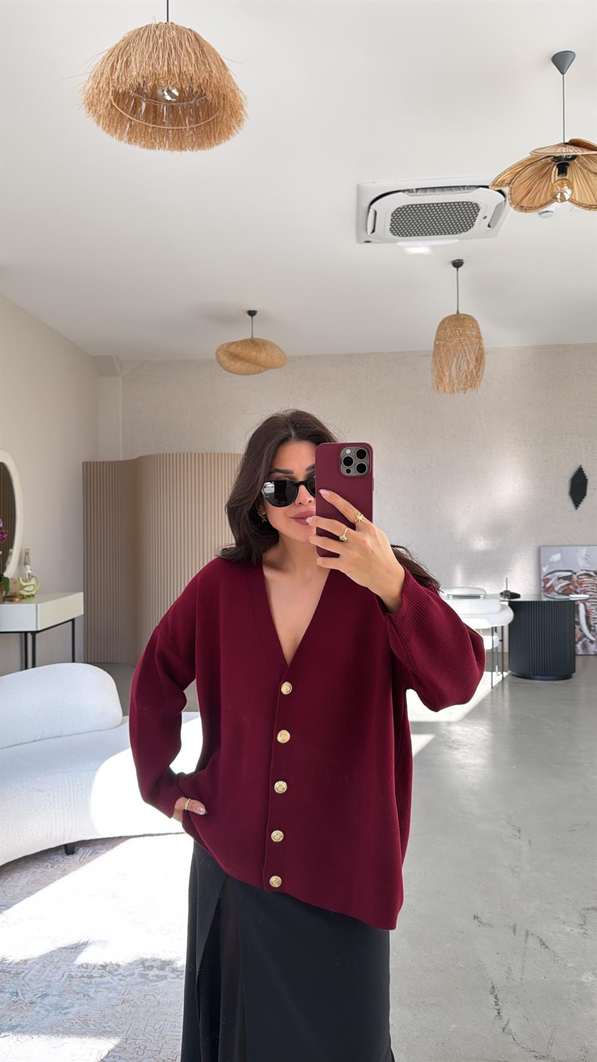 Bordo Gold Düğmeli Hırka