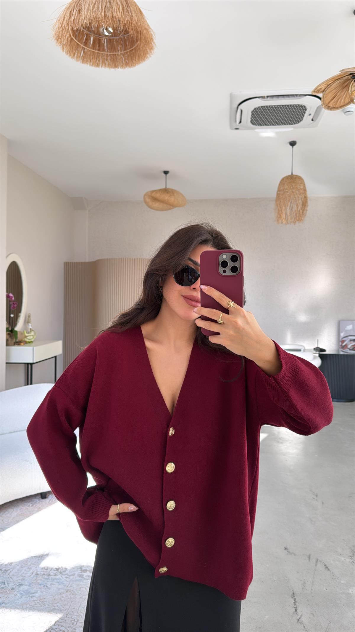 Bordo Gold Düğmeli Hırka