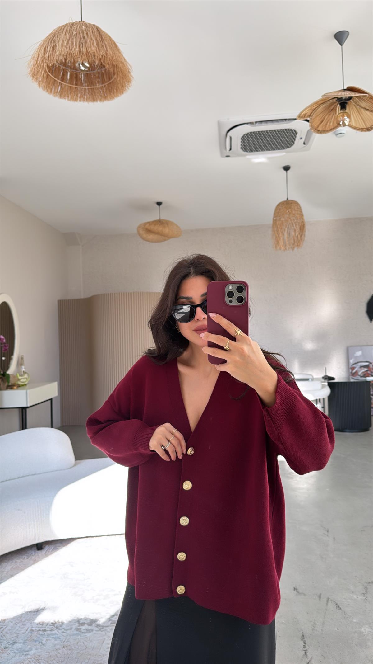 Bordo Gold Düğmeli Hırka