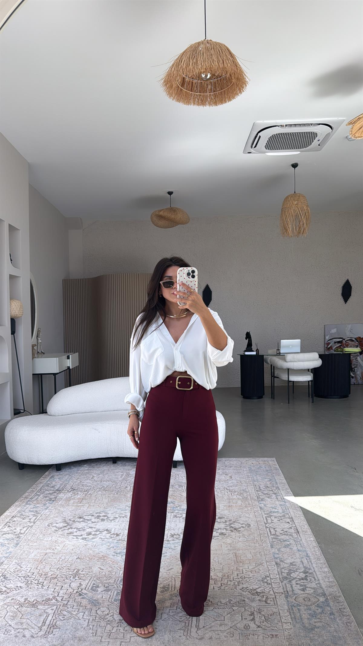 Bordo Gold Kemerli Palazzo Pantolon