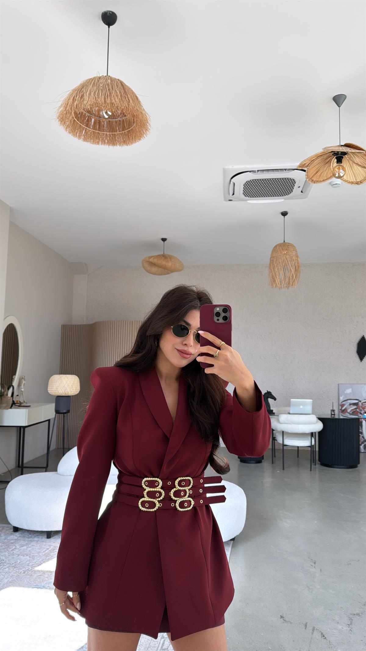 Bordo Gold Tokalı Premium Double Atlas Ceket