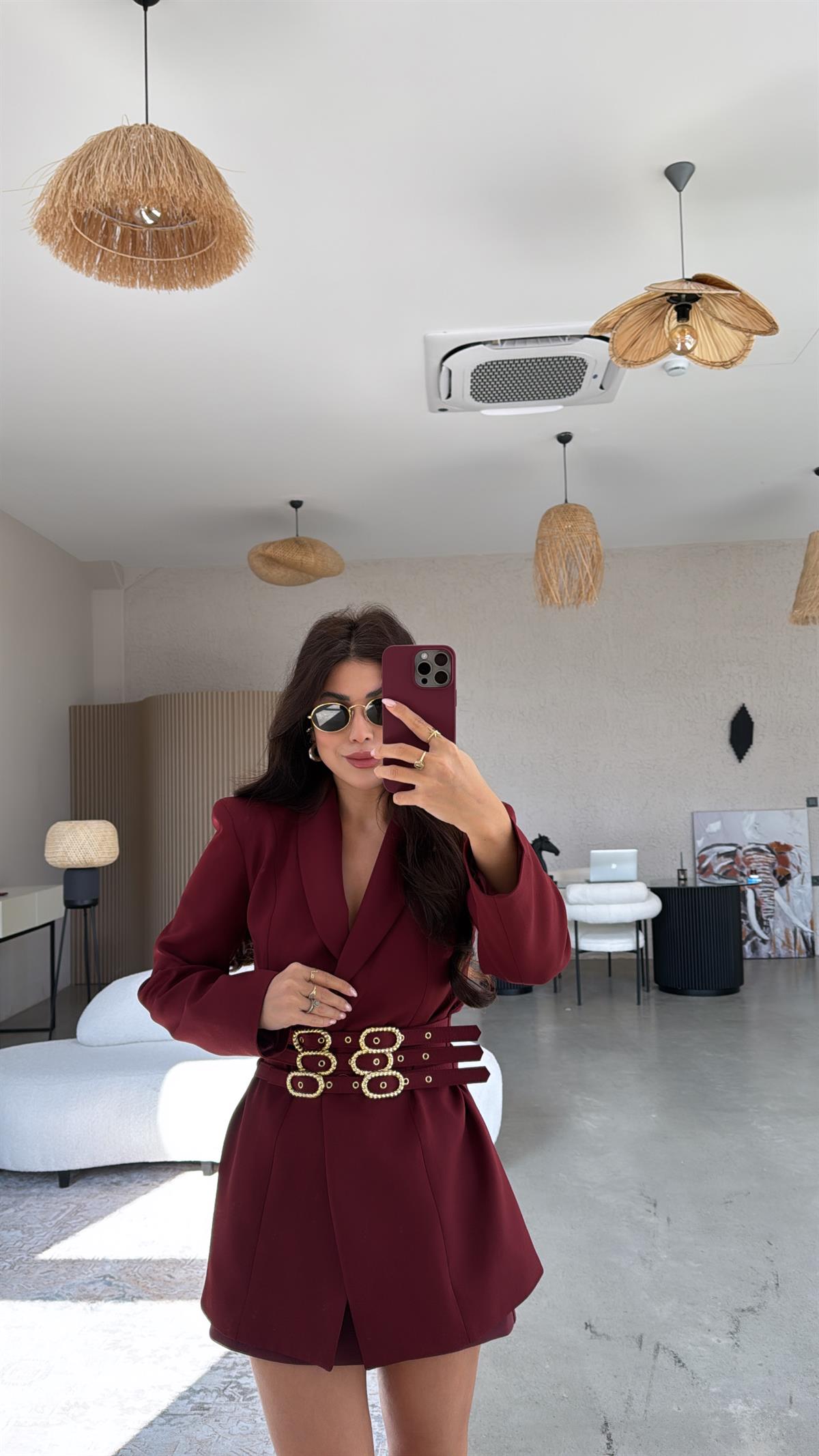 Bordo Gold Tokalı Premium Double Atlas Ceket