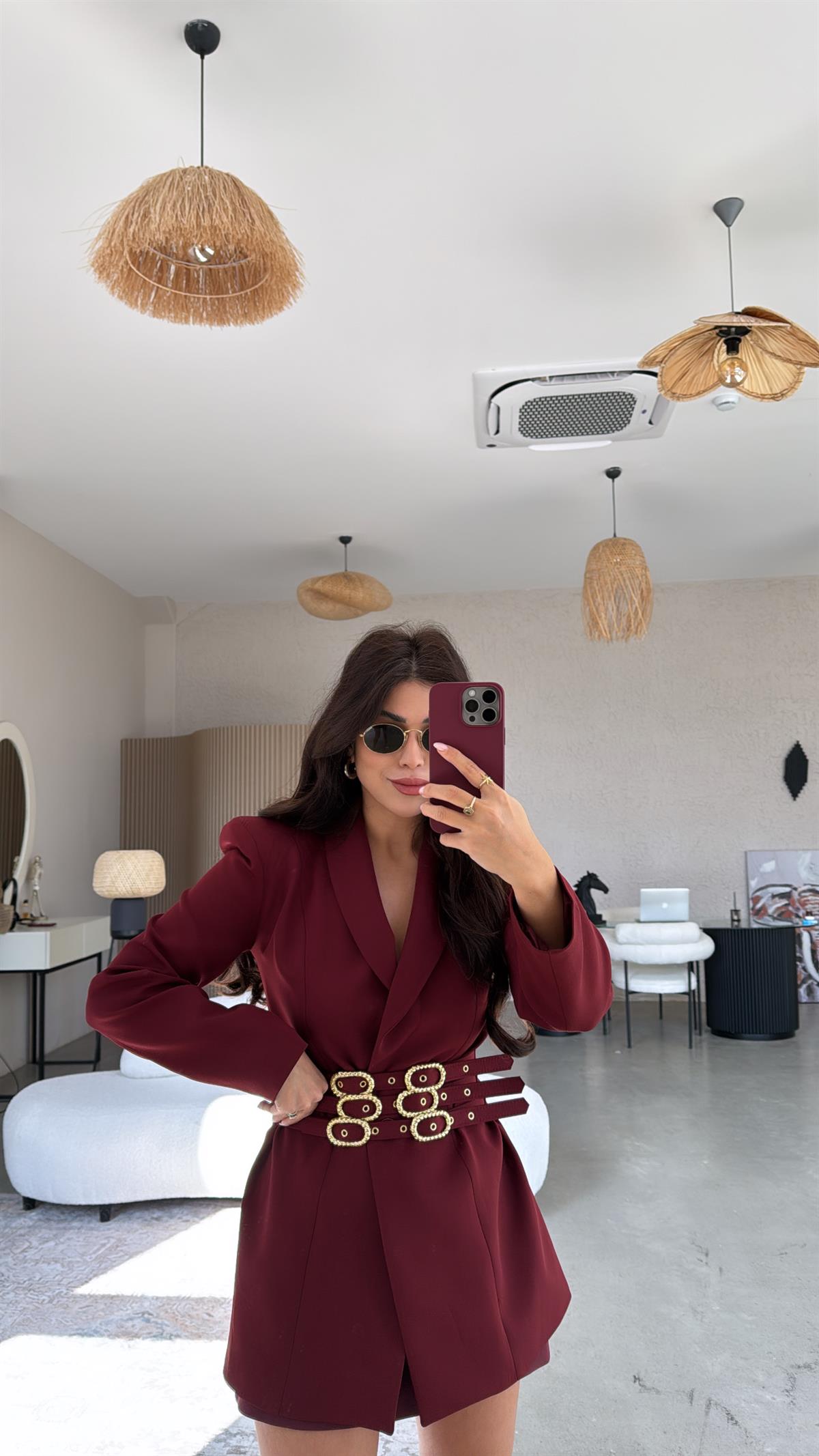 Bordo Gold Tokalı Premium Double Atlas Ceket