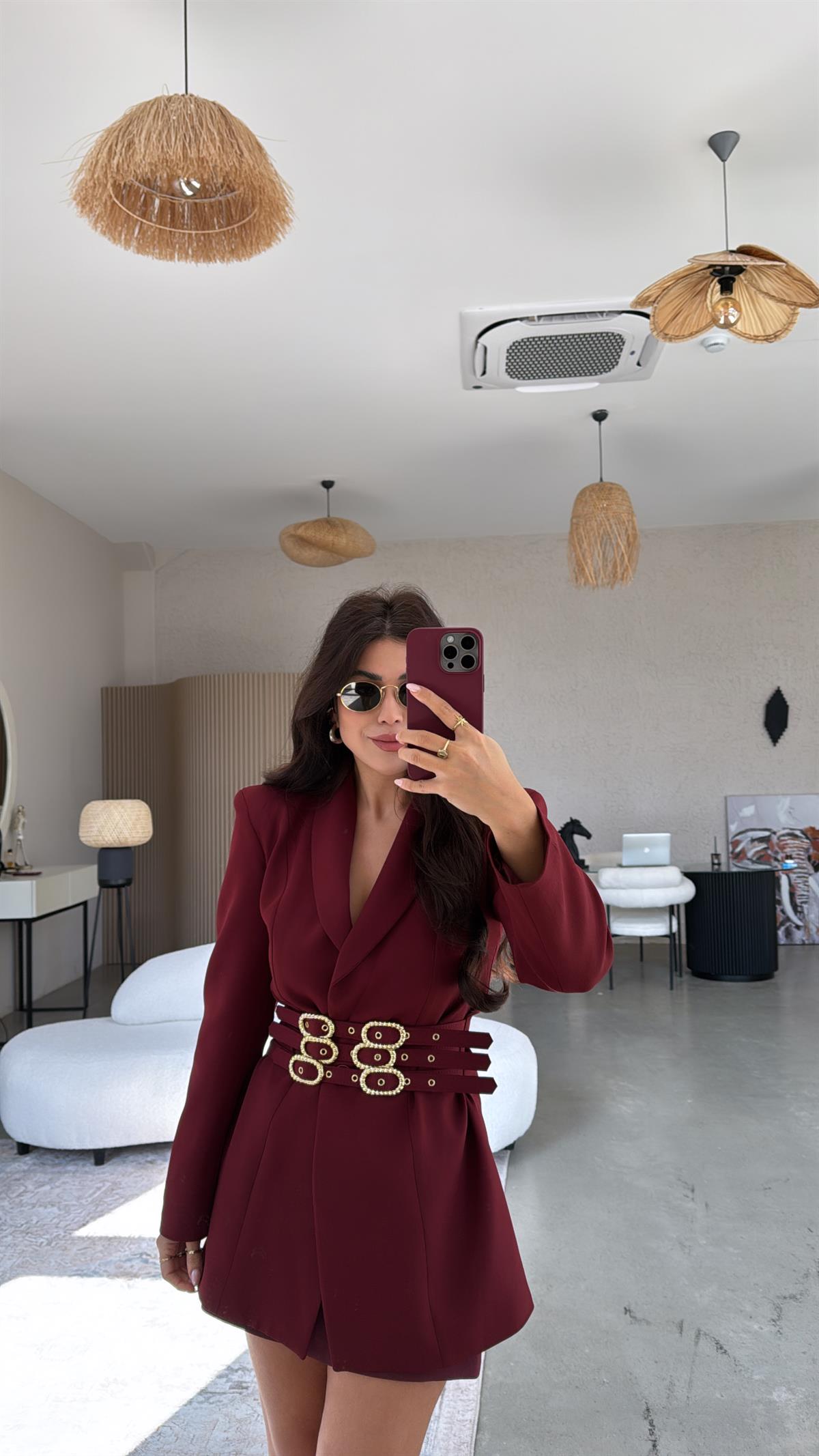 Bordo Gold Tokalı Premium Double Atlas Ceket