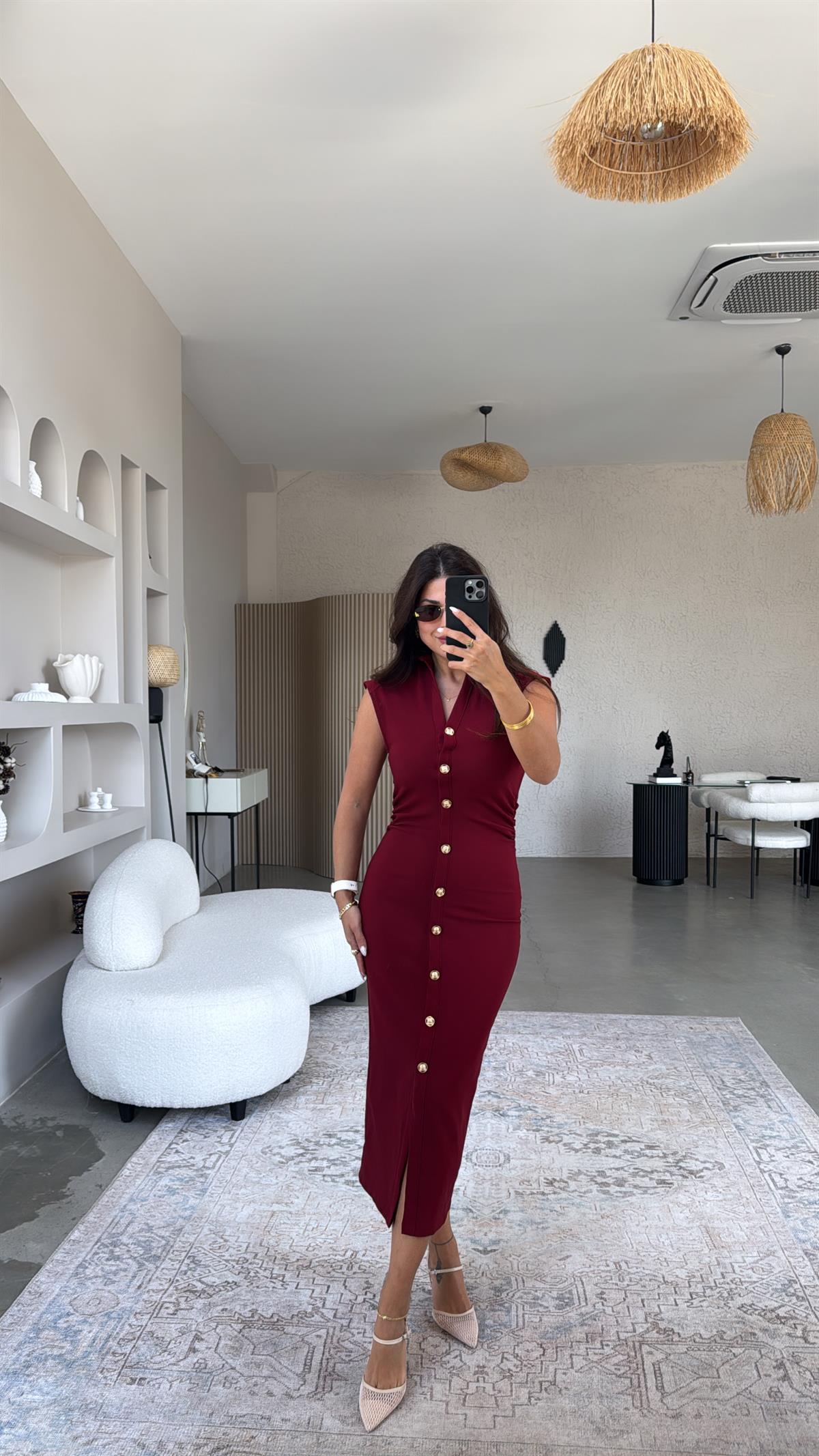 Bordo Gömlek Yakalı Gold Düğmeli Krep Elbise