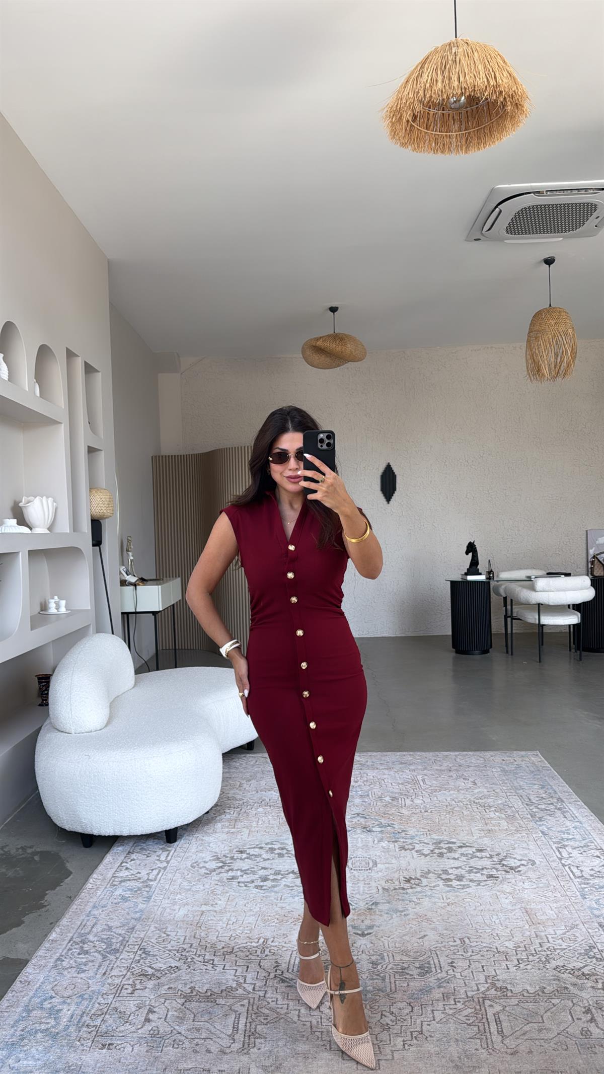 Bordo Gömlek Yakalı Gold Düğmeli Krep Elbise