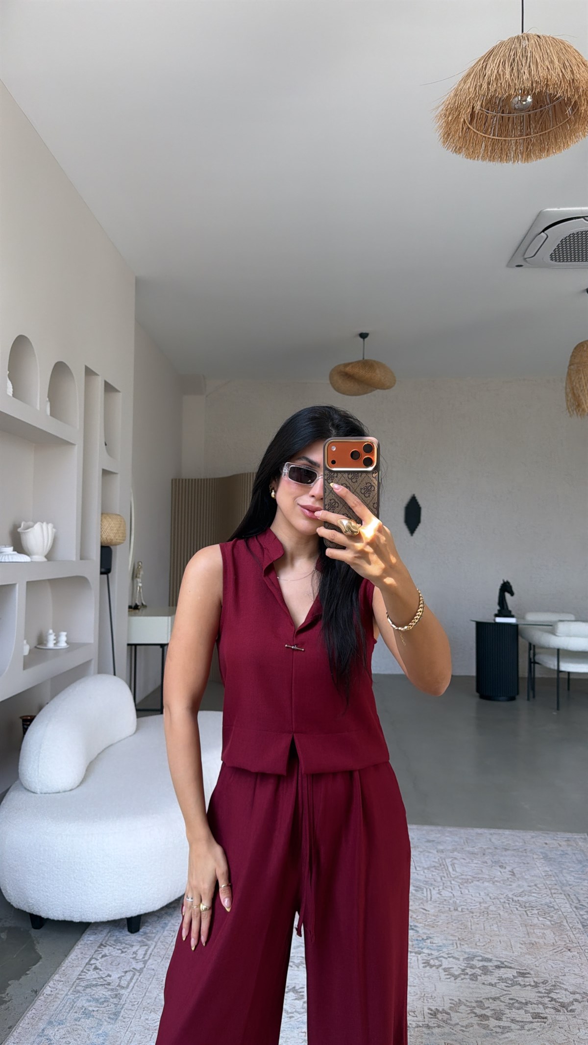 Bordo Gümüş Aksesuarlı Pantolon Bluz Takım