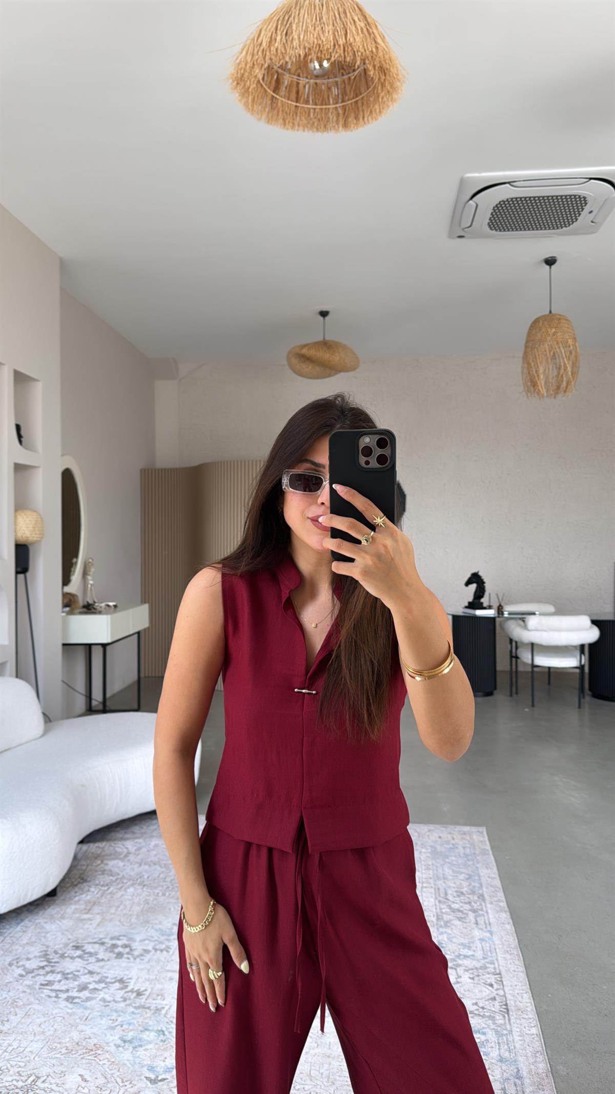 Bordo Gümüş Aksesuarlı Pantolon Bluz Takım