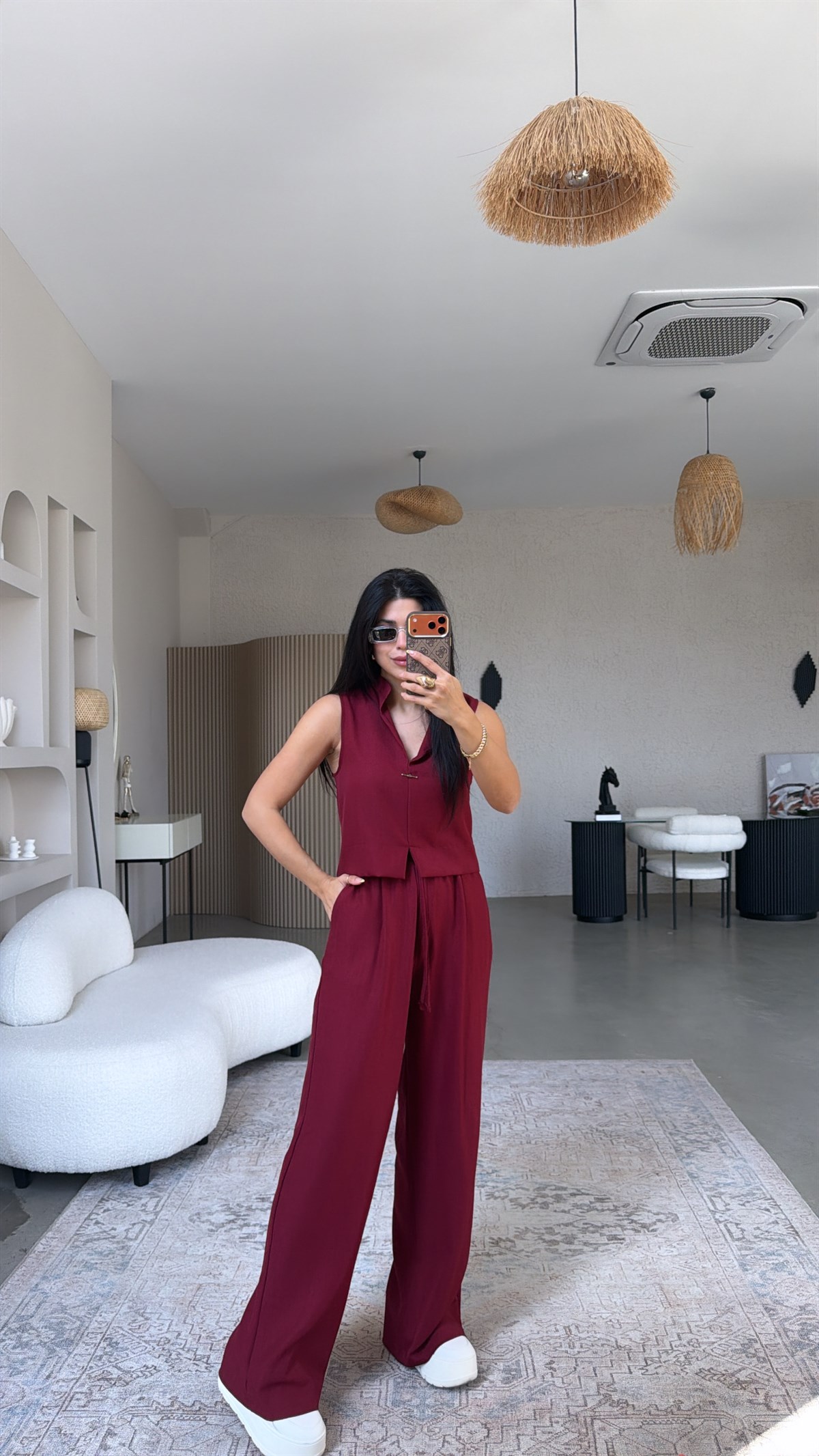 Bordo Gümüş Aksesuarlı Pantolon Bluz Takım