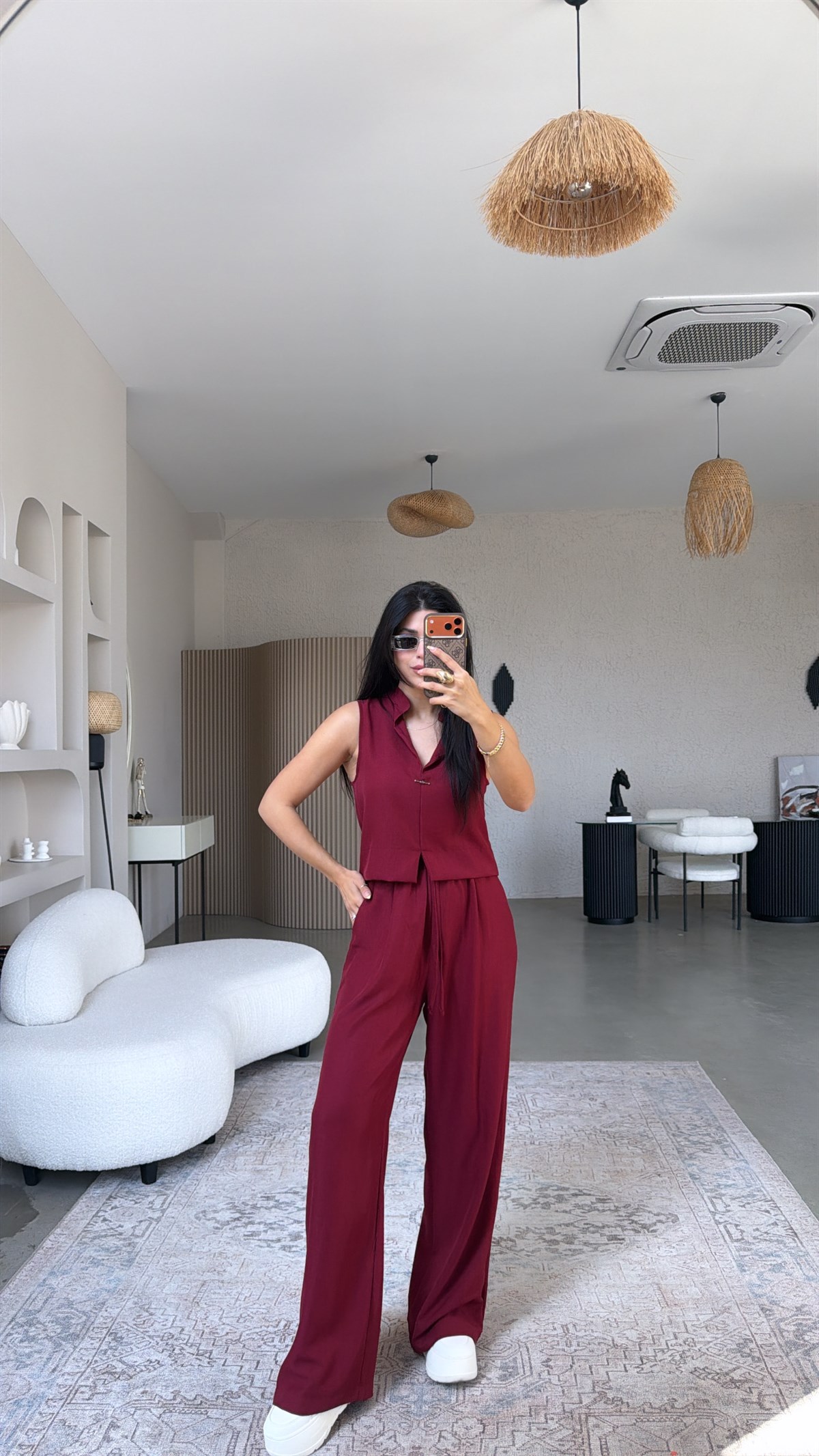 Bordo Gümüş Aksesuarlı Pantolon Bluz Takım