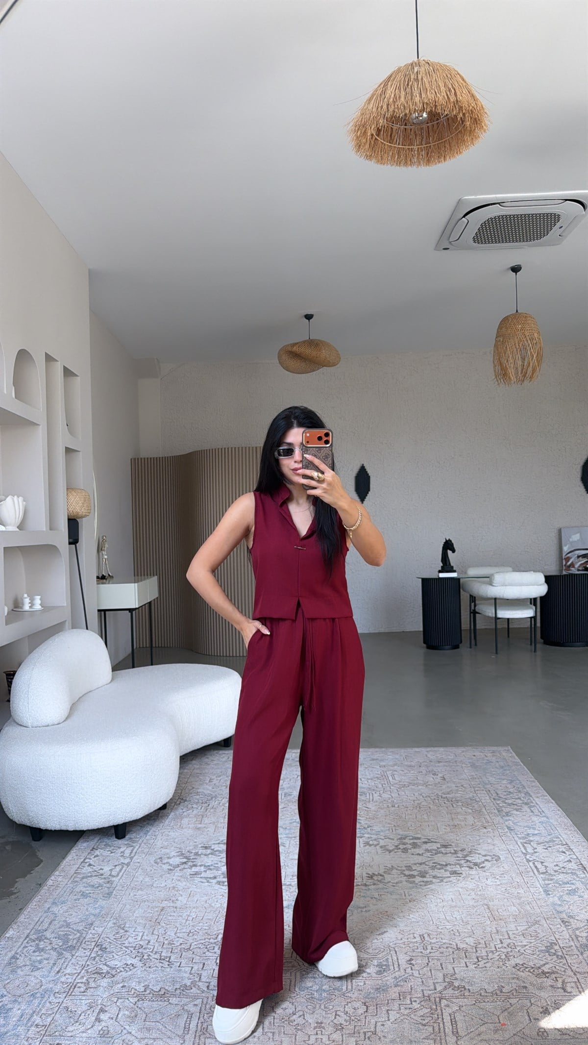 Bordo Gümüş Aksesuarlı Pantolon Bluz Takım