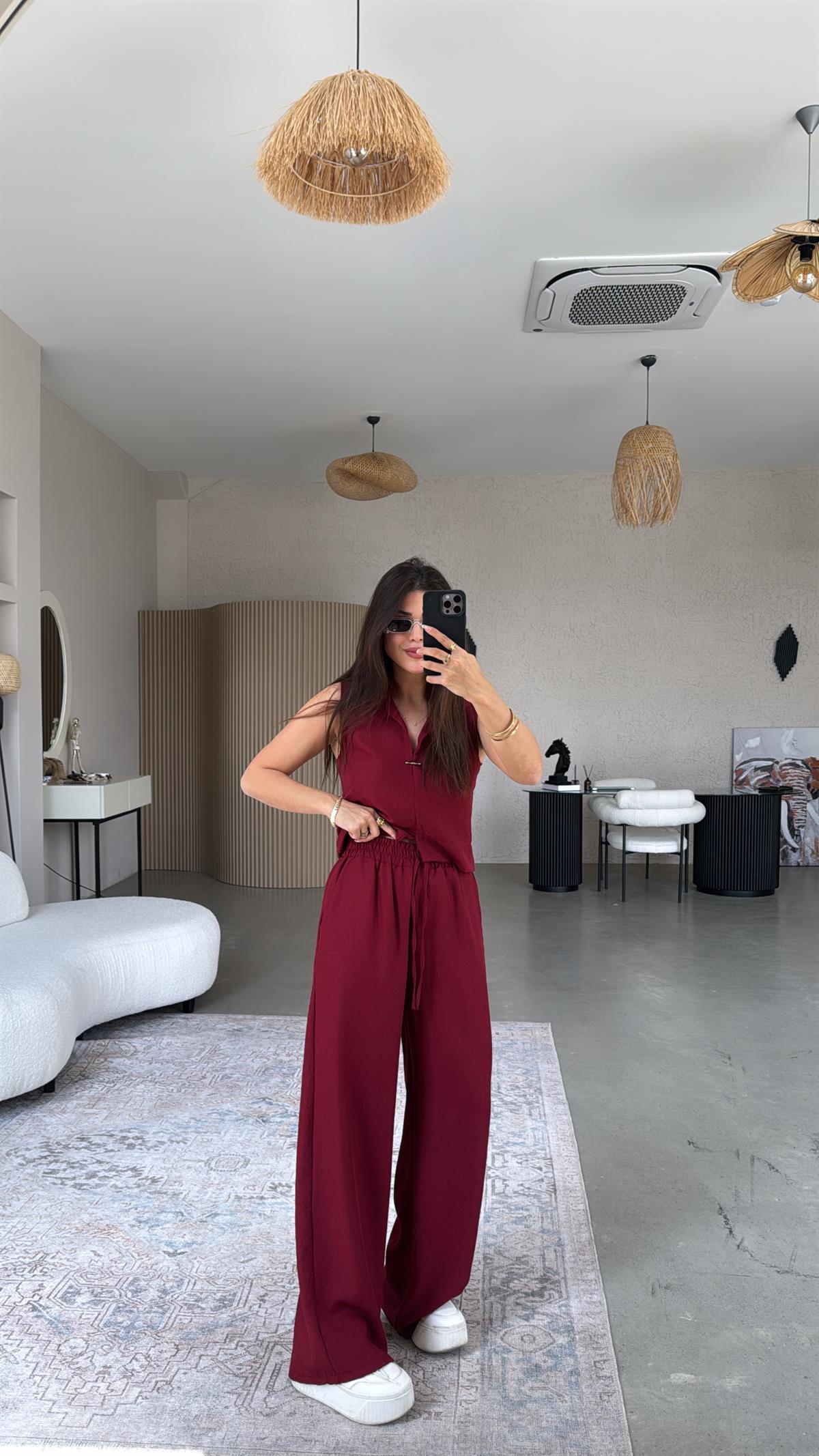 Bordo Gümüş Aksesuarlı Pantolon Bluz Takım