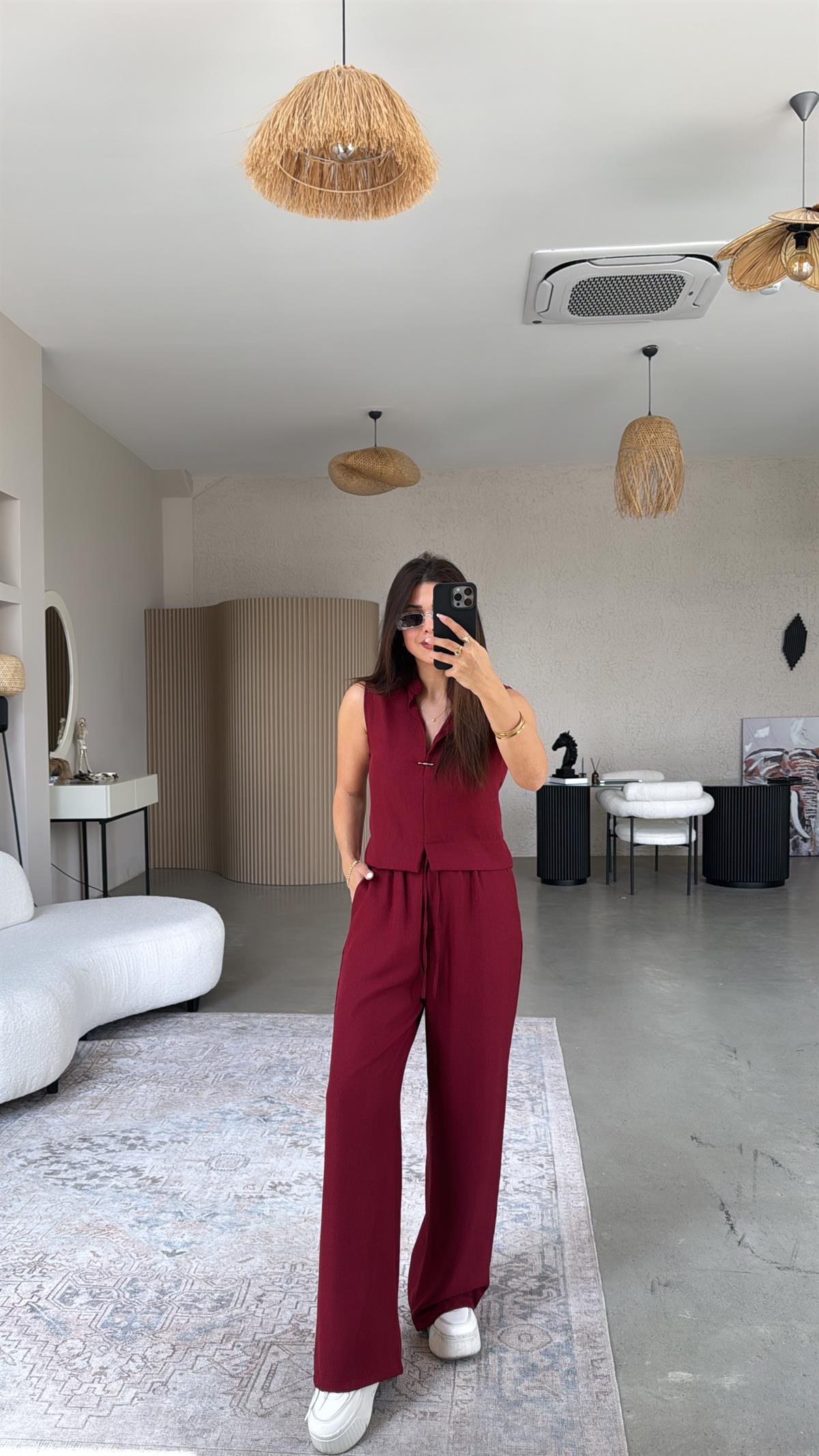 Bordo Gümüş Aksesuarlı Pantolon Bluz Takım
