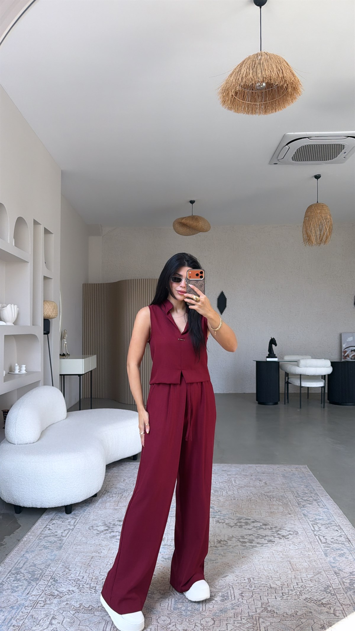 Bordo Gümüş Aksesuarlı Pantolon Bluz Takım