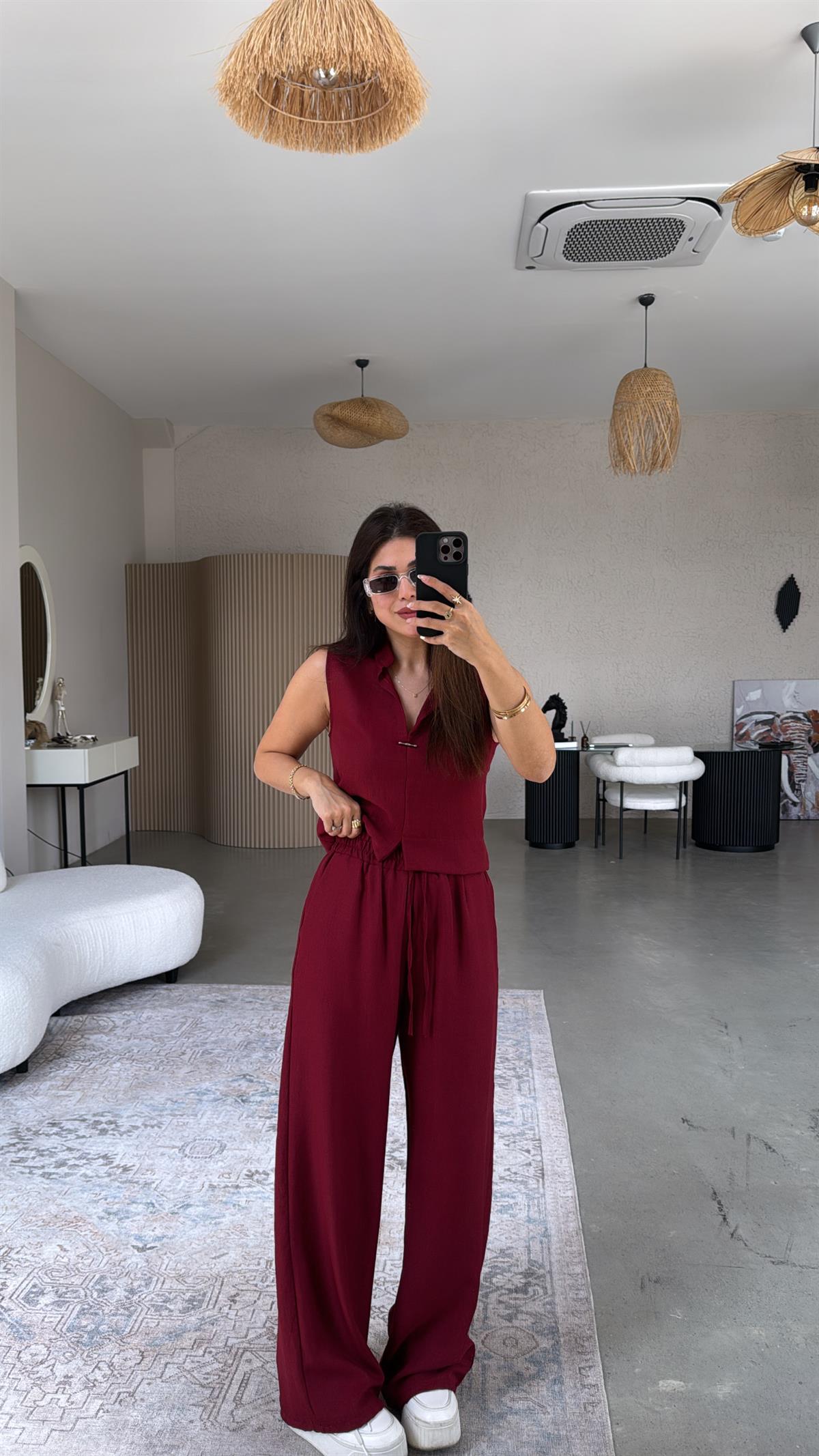 Bordo Gümüş Aksesuarlı Pantolon Bluz Takım