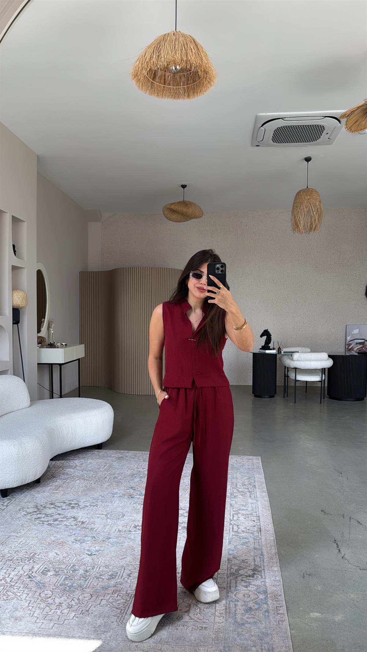 Bordo Gümüş Aksesuarlı Pantolon Bluz Takım