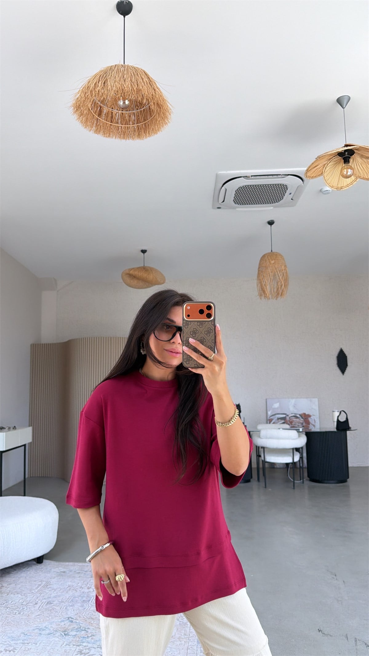 Bordo İnterlok Kumaş Altı Parçalı Basic Tshirt