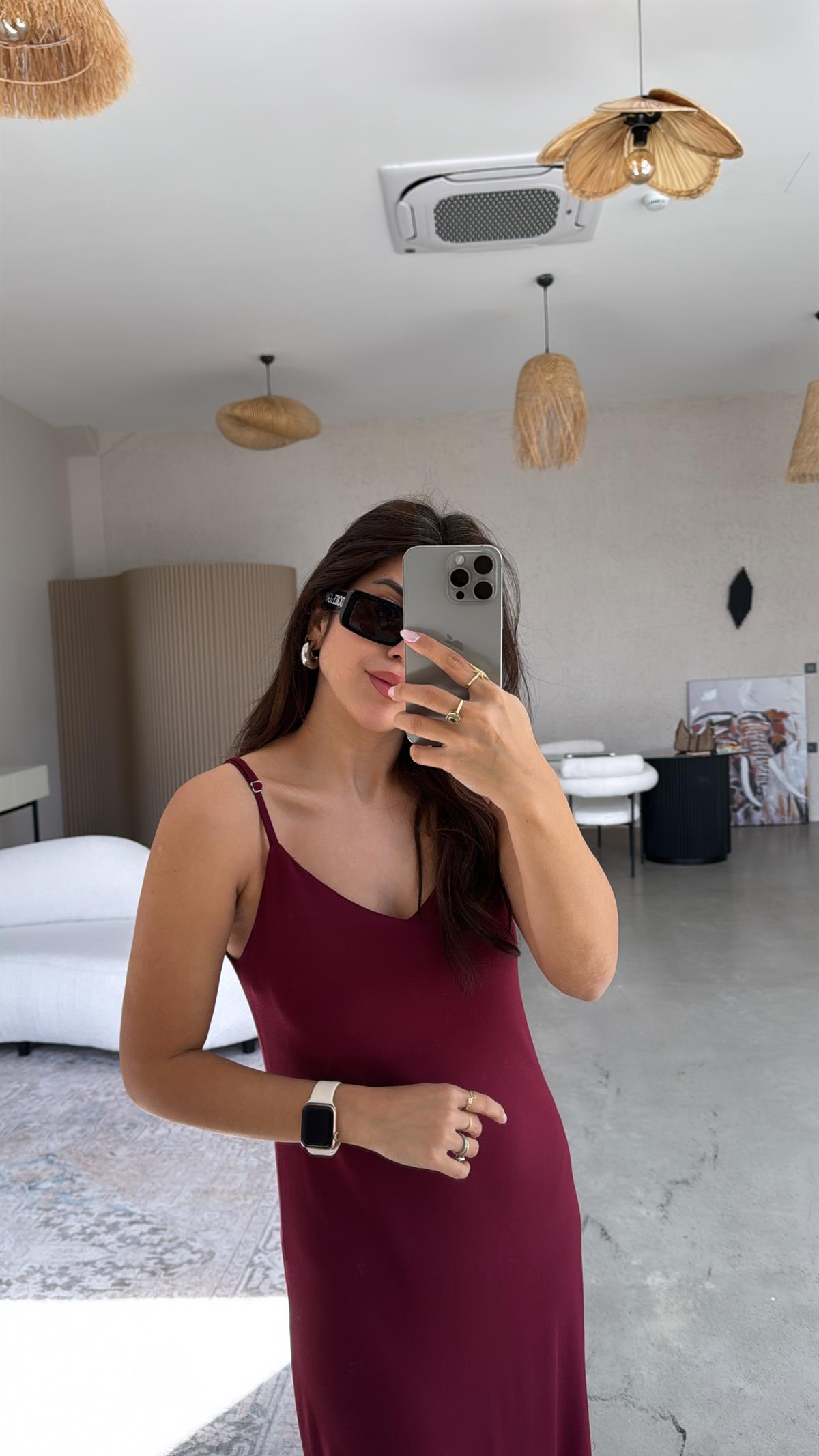 Bordo İp Askı Pike Modal Elbise