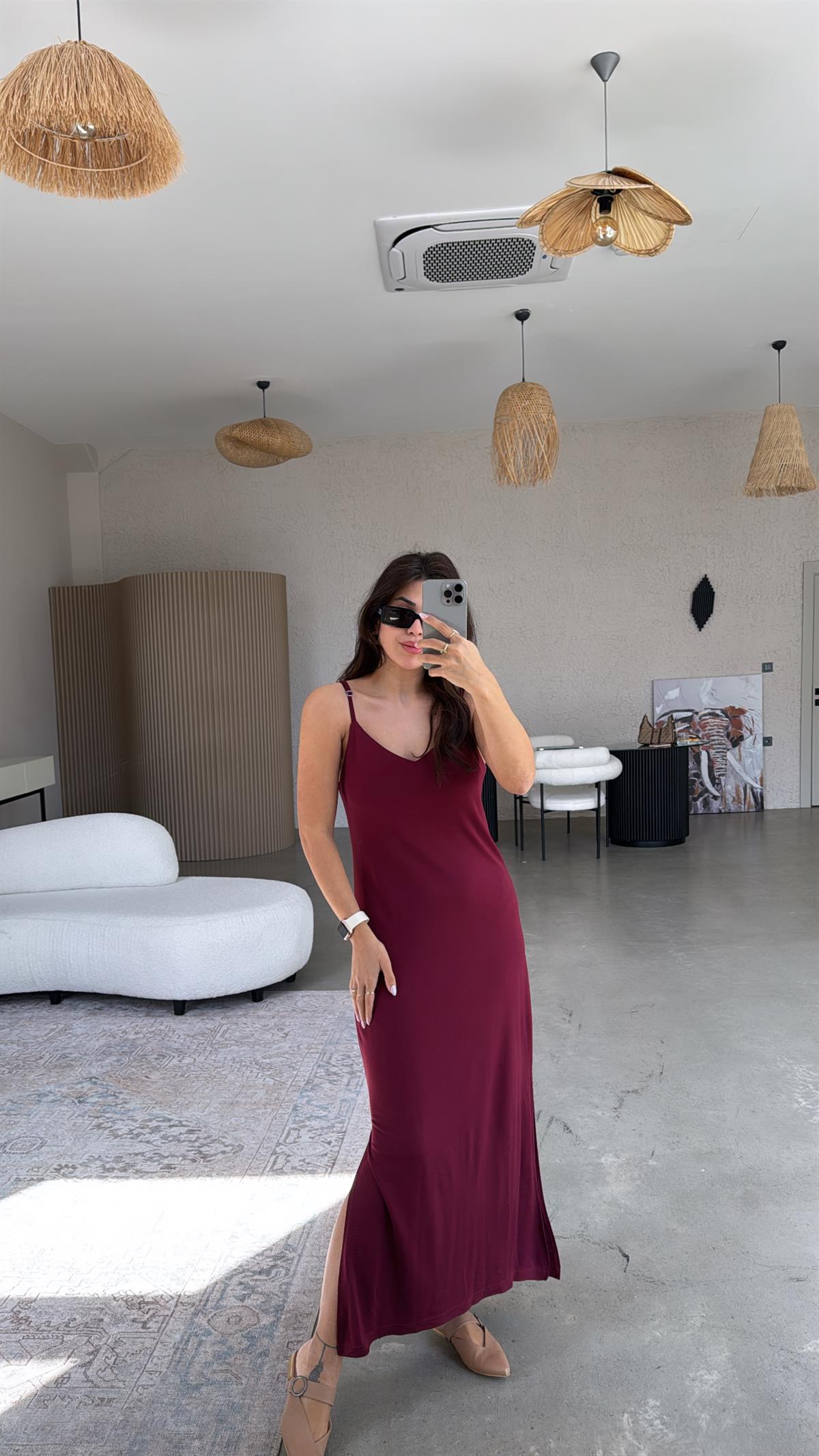 Bordo İp Askı Pike Modal Elbise
