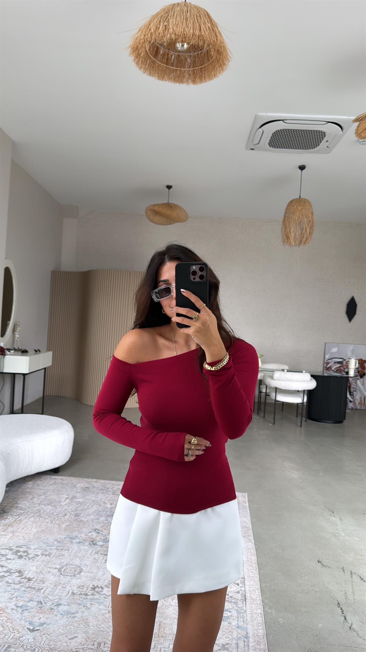 Bordo İthal Modal Kumaş Omzu Açık Bluz