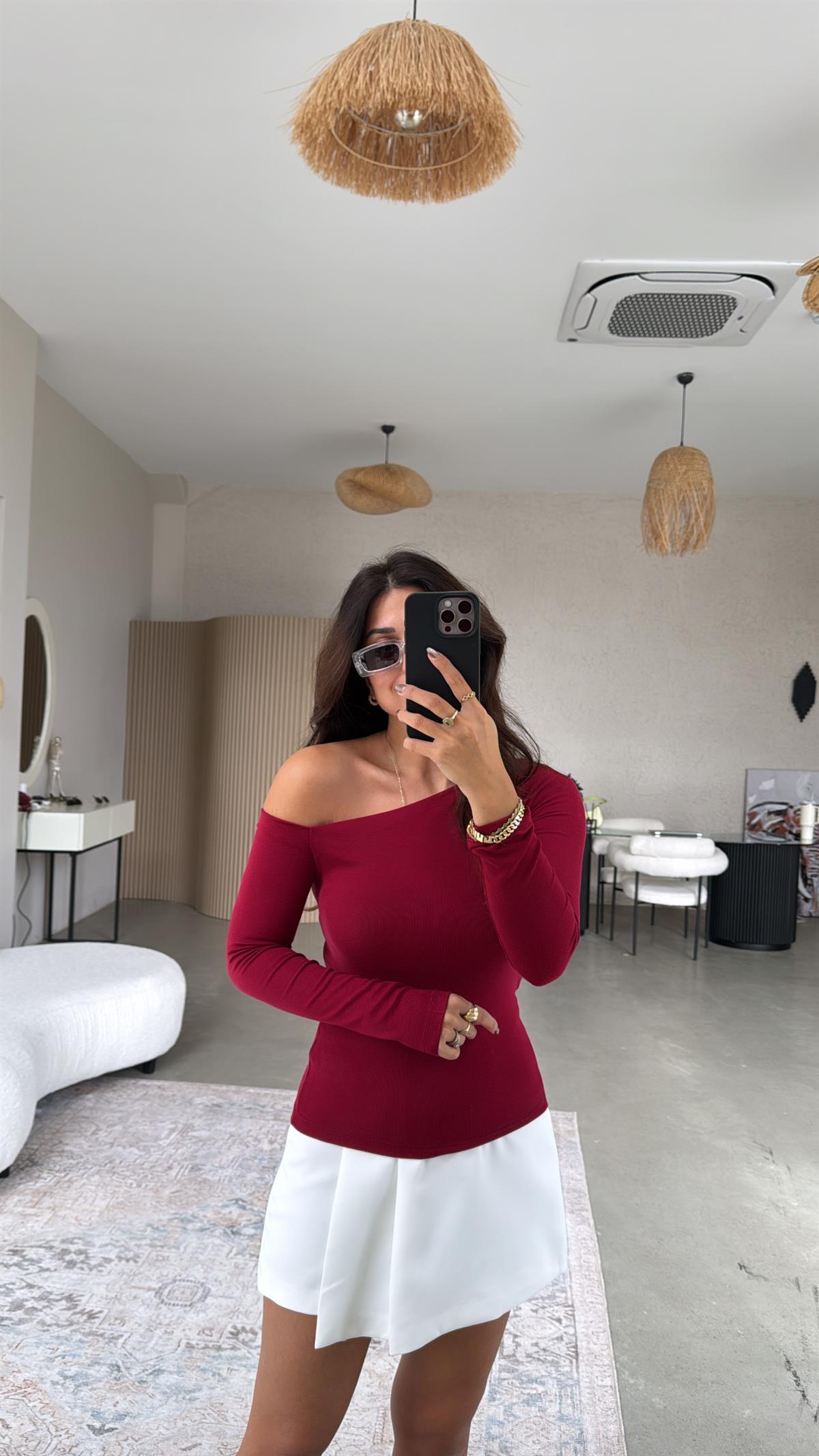 Bordo İthal Modal Kumaş Omzu Açık Bluz