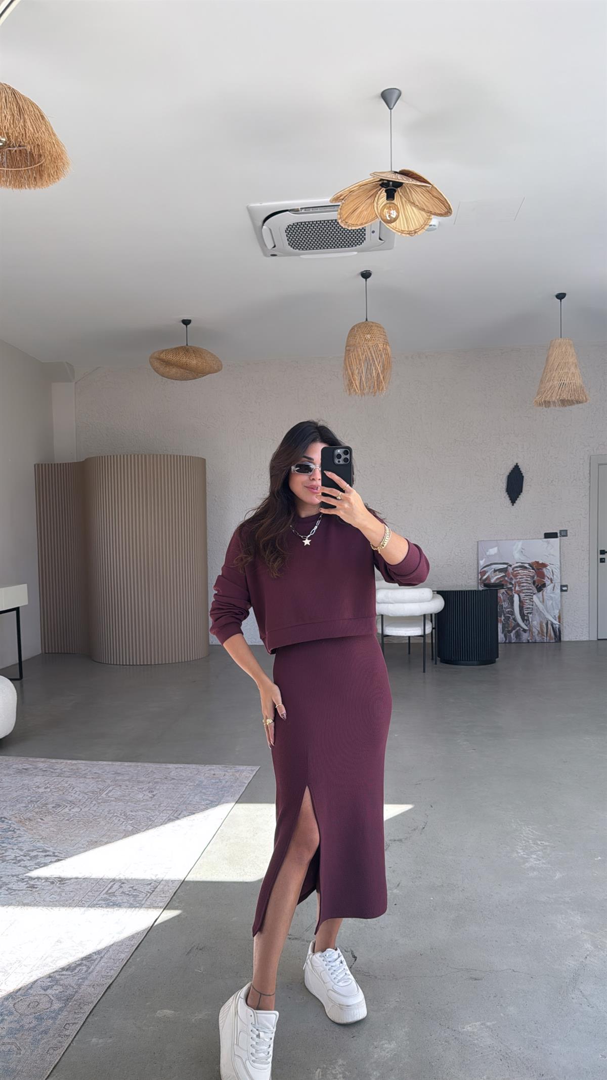 Bordo İthal Orijinal Kaşkorse Etek Sweatshirt Takım