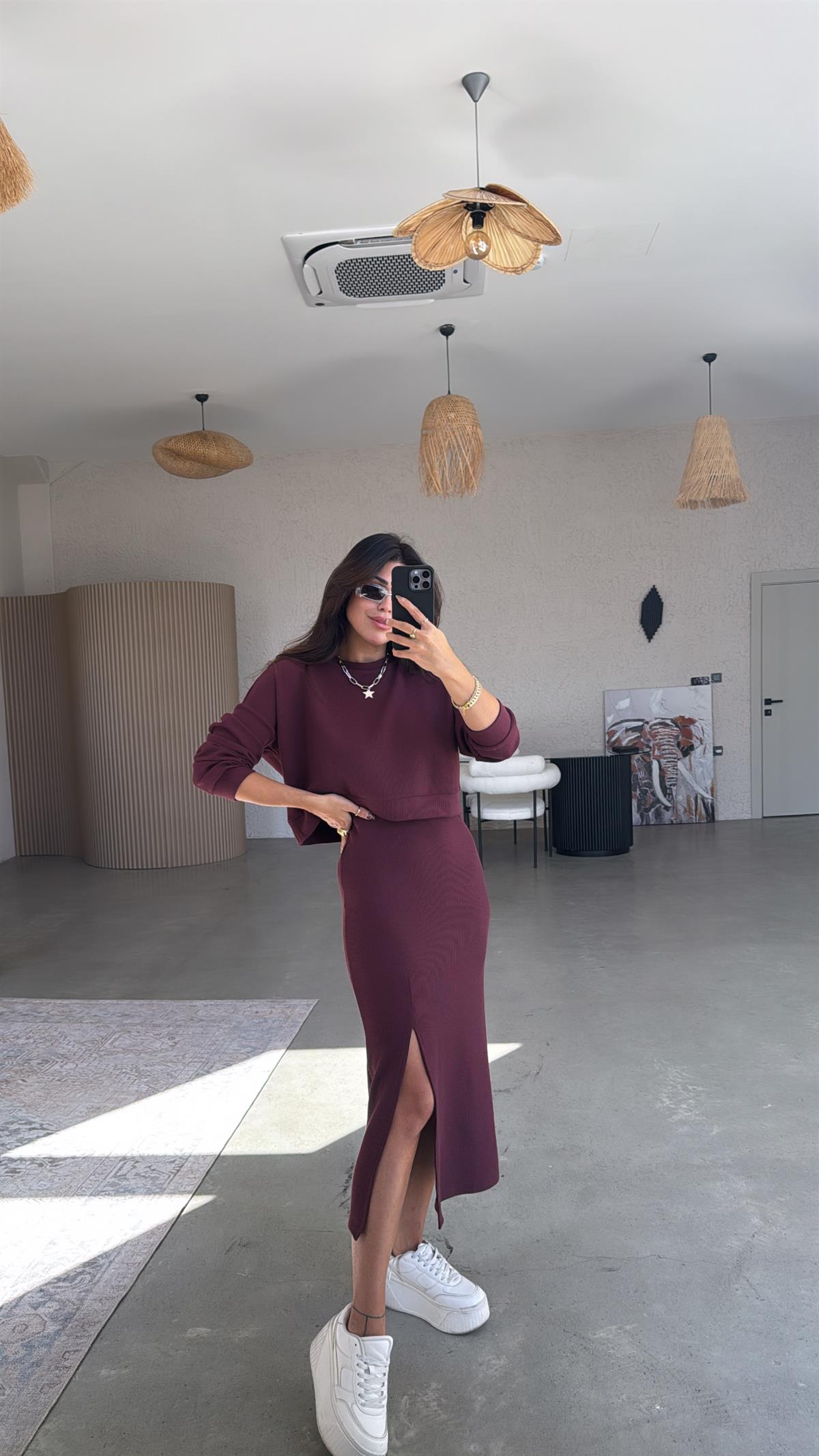 Bordo İthal Orijinal Kaşkorse Etek Sweatshirt Takım