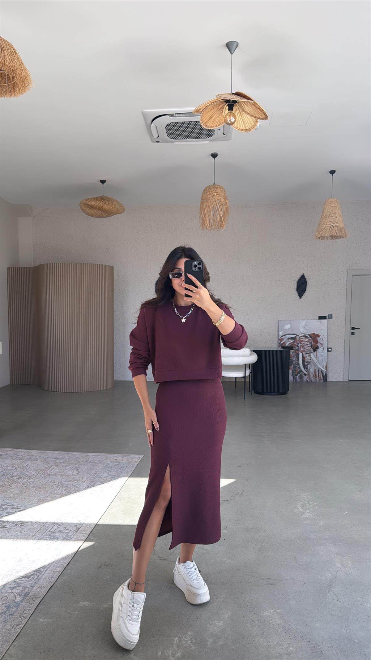 Bordo İthal Orijinal Kaşkorse Etek Sweatshirt Takım