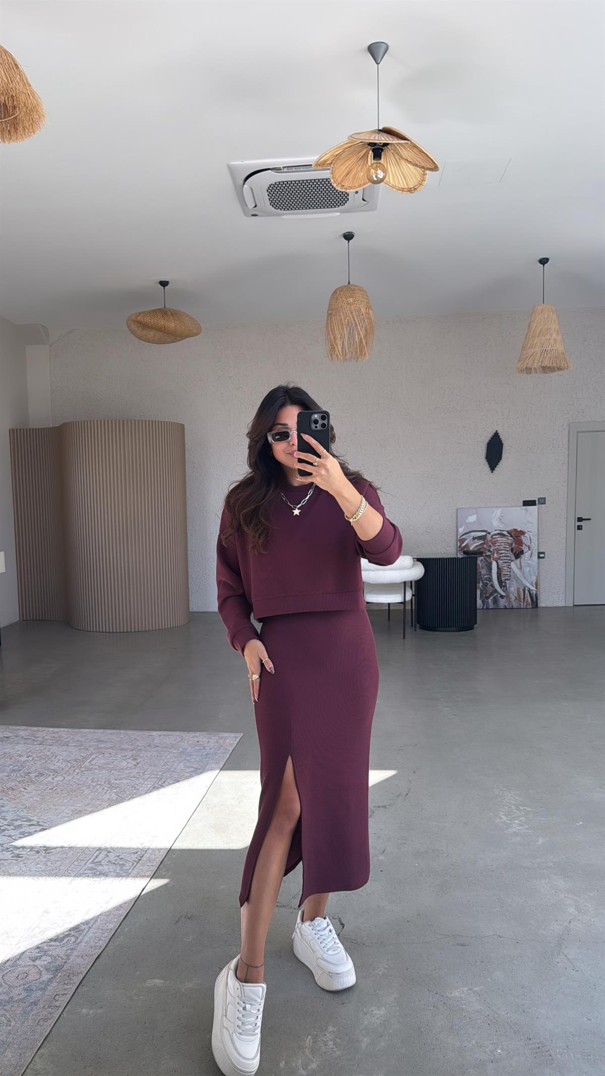 Bordo İthal Orijinal Kaşkorse Etek Sweatshirt Takım