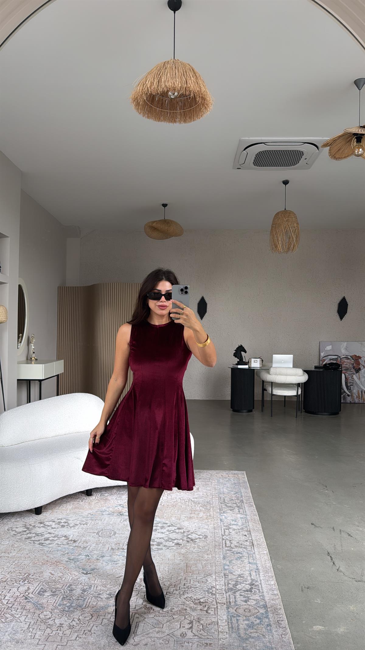 Bordo Kadife Kiloş Elbise