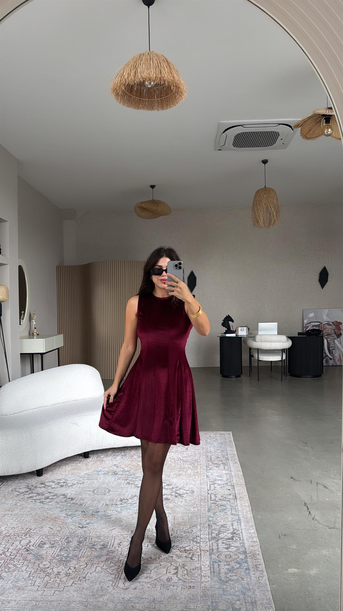 Bordo Kadife Kiloş Elbise