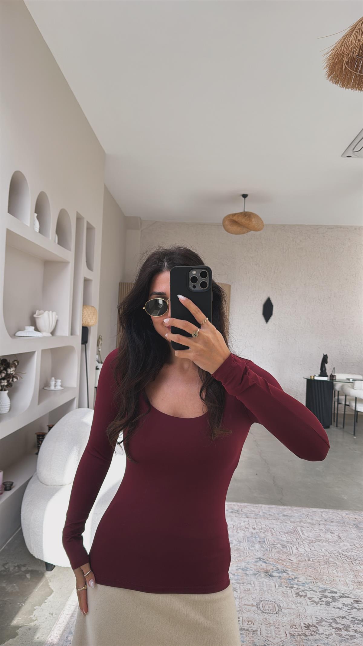 Bordo Kare Yaka Poliamid Bluz