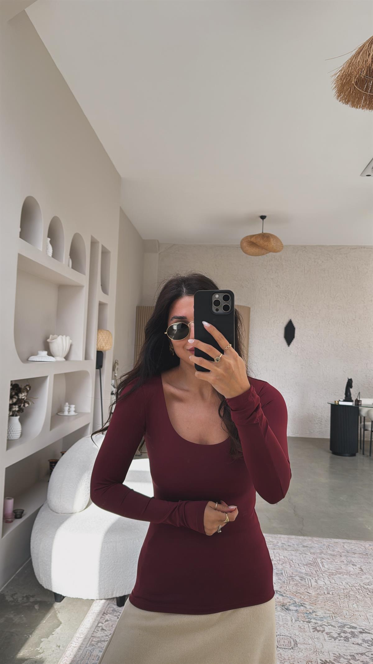 Bordo Kare Yaka Poliamid Bluz