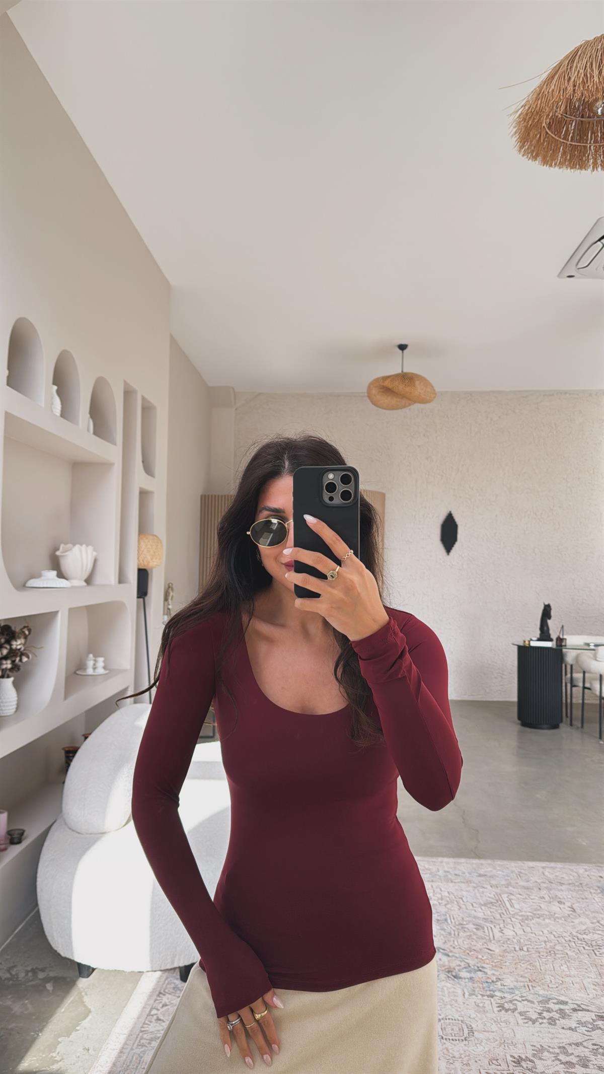 Bordo Kare Yaka Poliamid Bluz