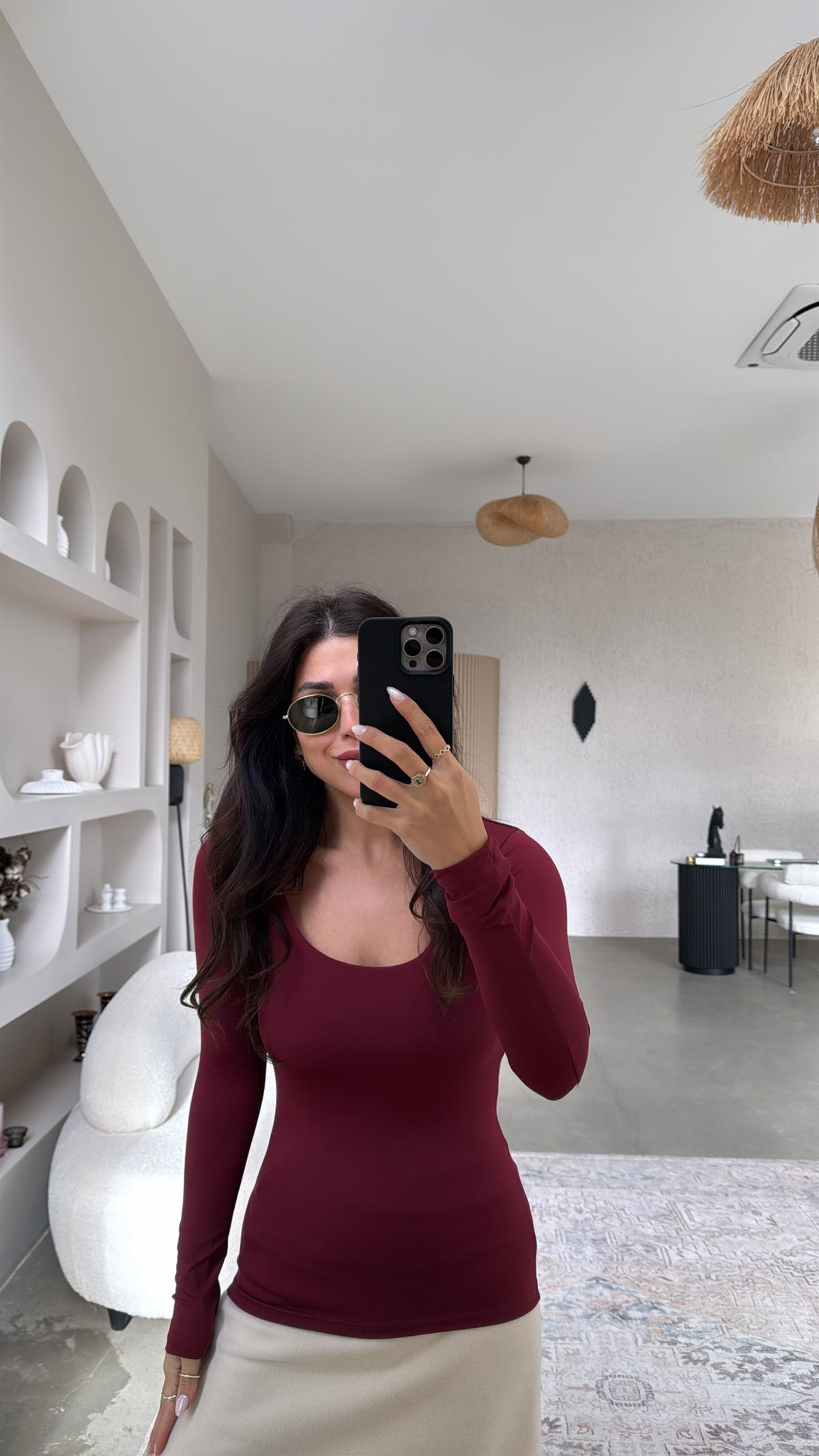 Bordo Kare Yaka Poliamid Bluz