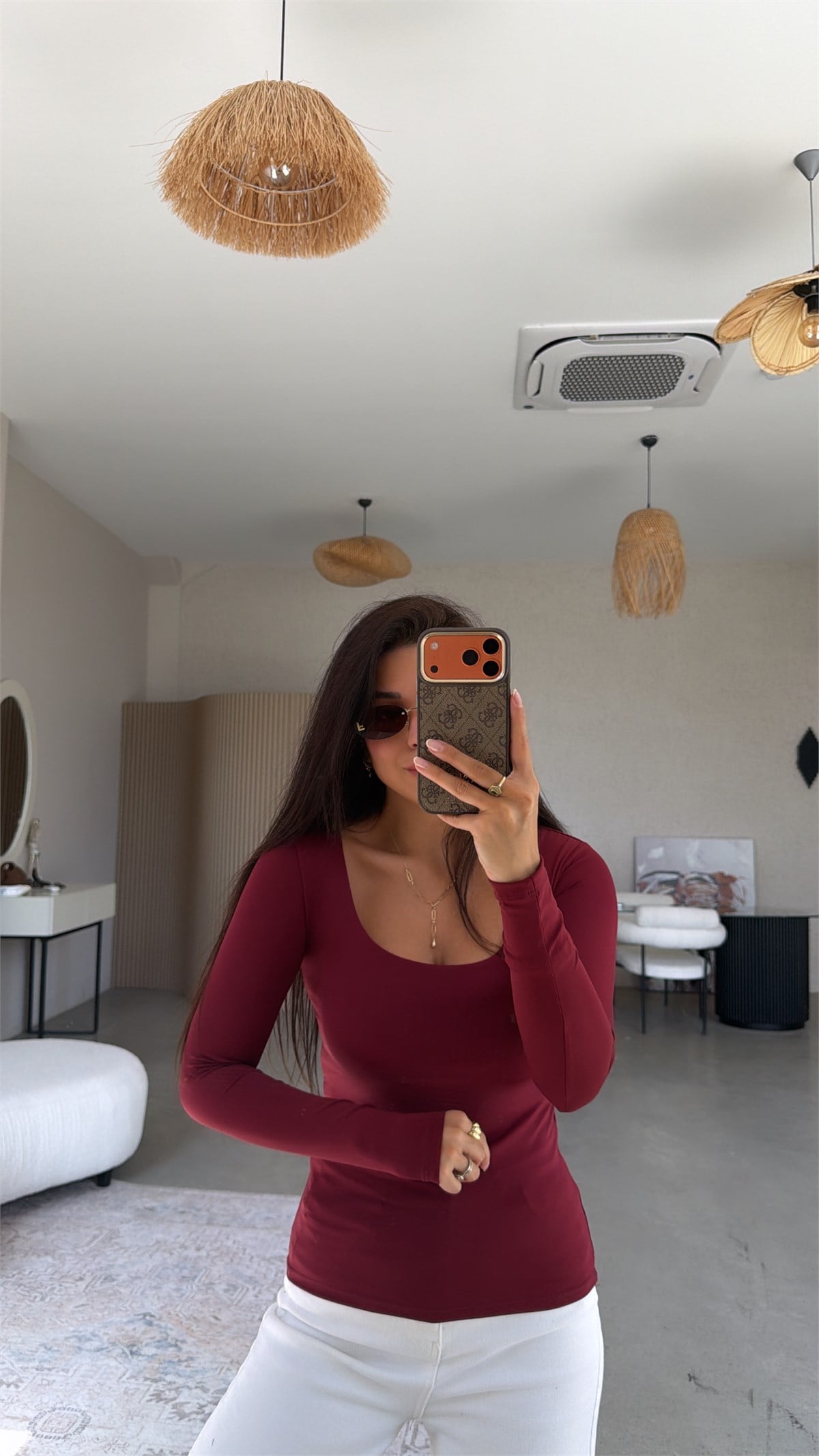 Bordo Kare Yaka Polyamid Bluz