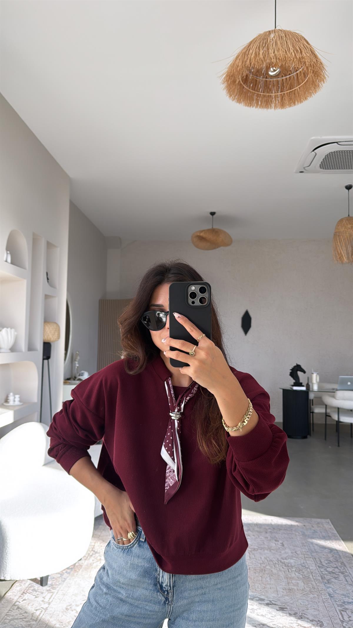 Bordo Kaşkorse Fularlı Sweatshirt