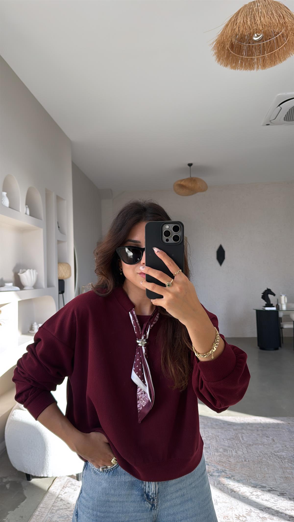 Bordo Kaşkorse Fularlı Sweatshirt