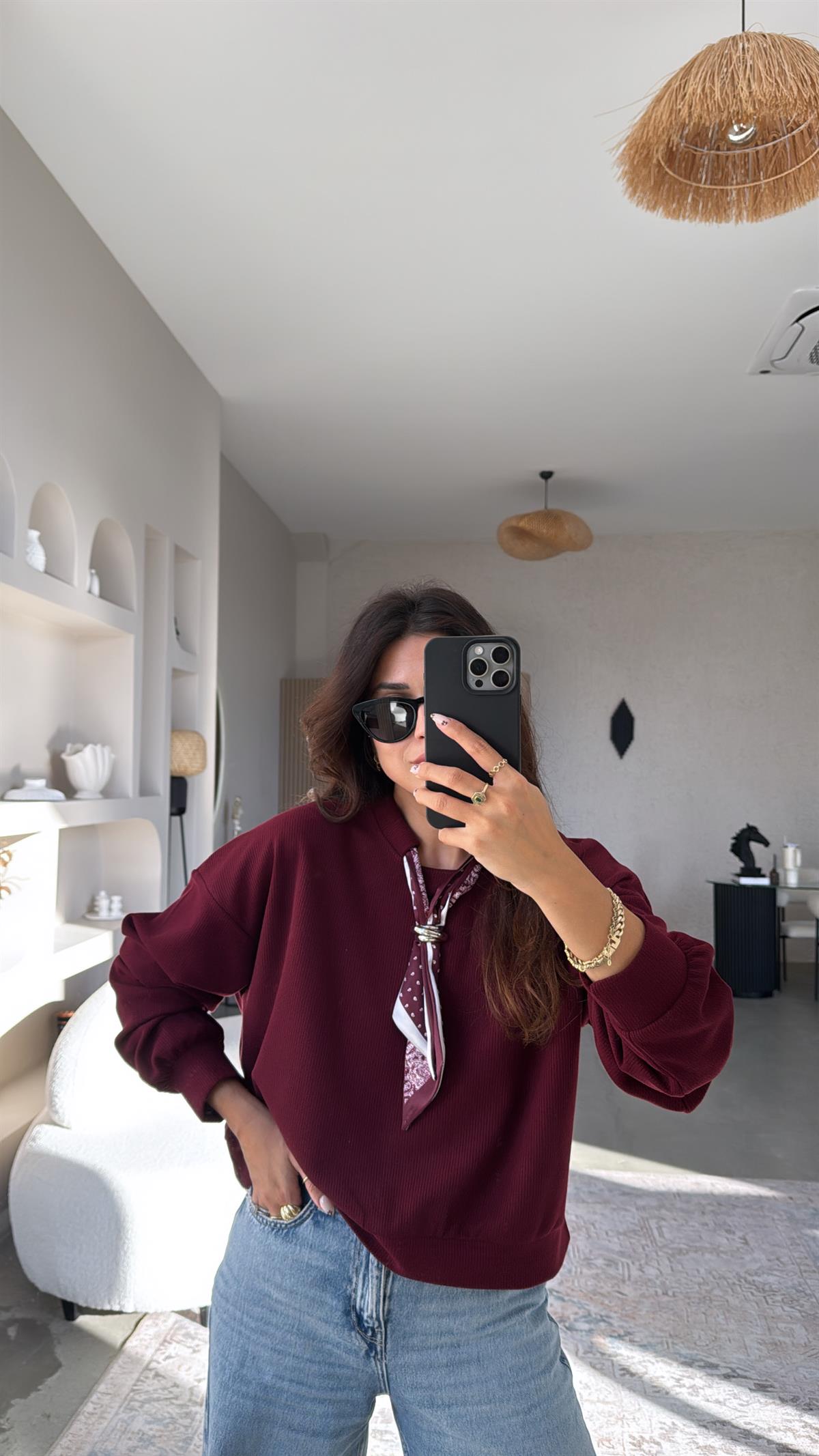 Bordo Kaşkorse Fularlı Sweatshirt