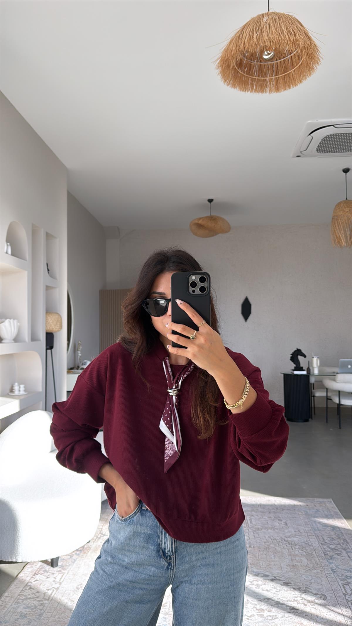 Bordo Kaşkorse Fularlı Sweatshirt